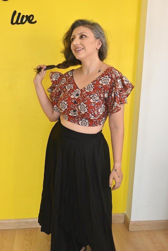 Raktika- Red Kalamkari Bagru Handblock Printed Crop Top -Crop Top