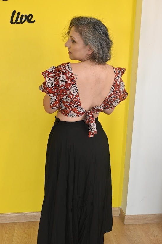 Raktika- Red Kalamkari Bagru Handblock Printed Crop Top -Crop Top