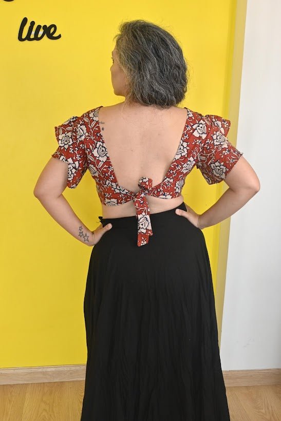 Raktika- Red Kalamkari Bagru Handblock Printed Crop Top -Crop Top