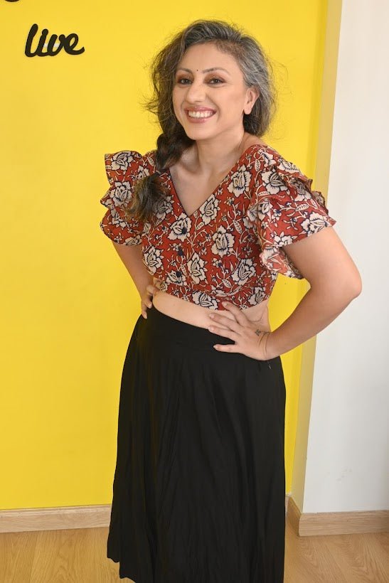Raktika- Red Kalamkari Bagru Handblock Printed Crop Top -Crop Top