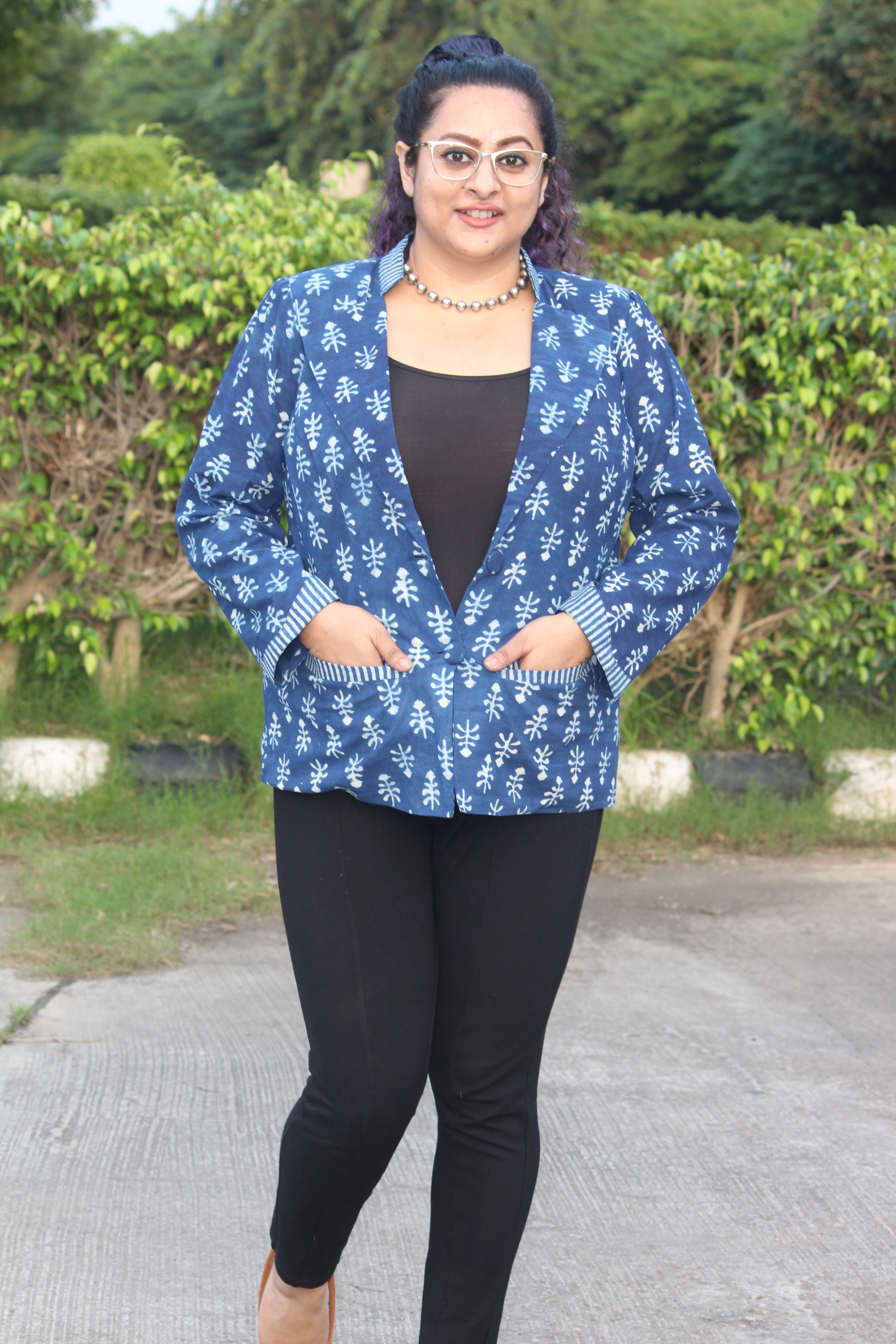 Indigo Dabu Handblock Printed Cotton Blazer