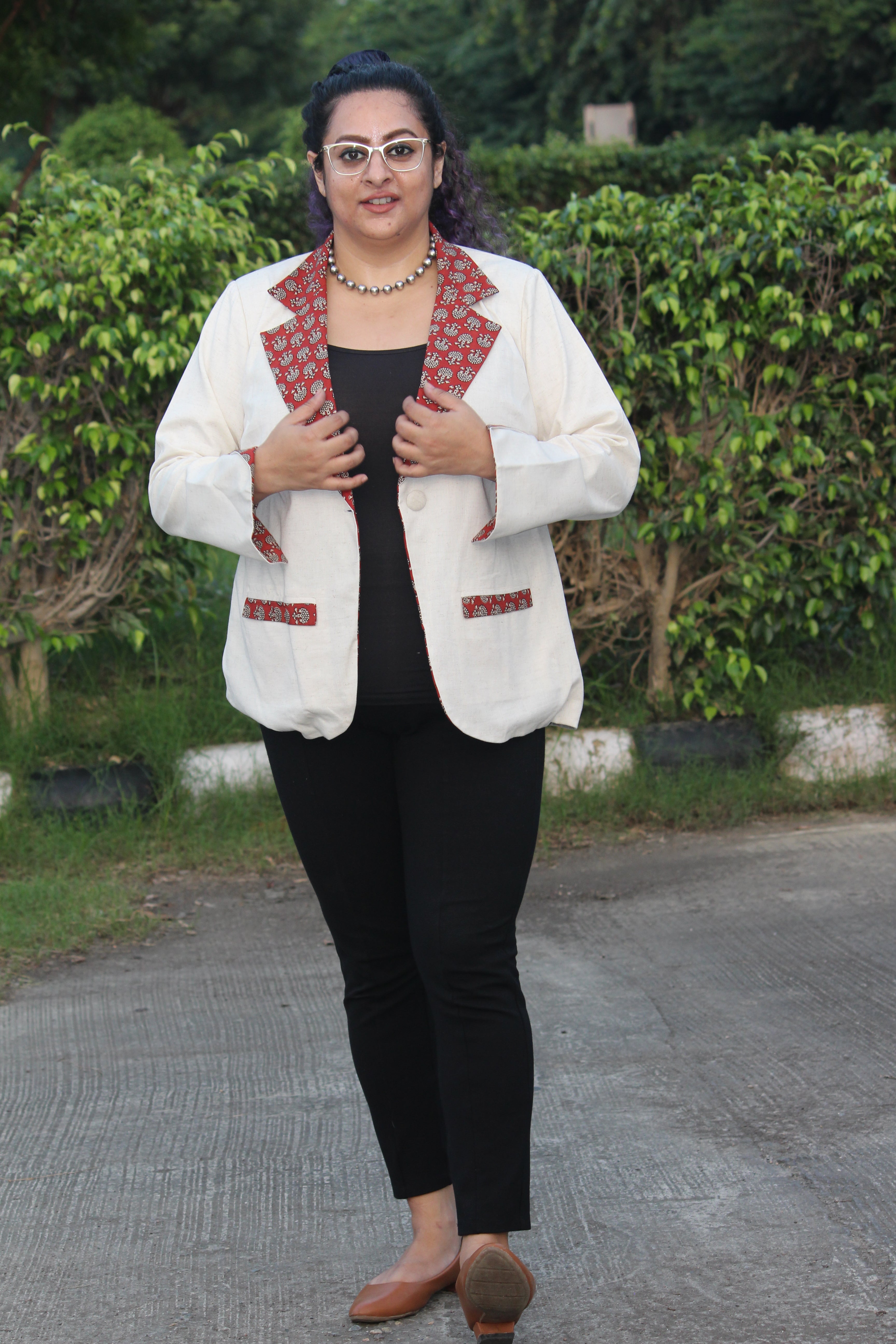 White Cotton Blazer with Red Bagru Handblock Printed Collar