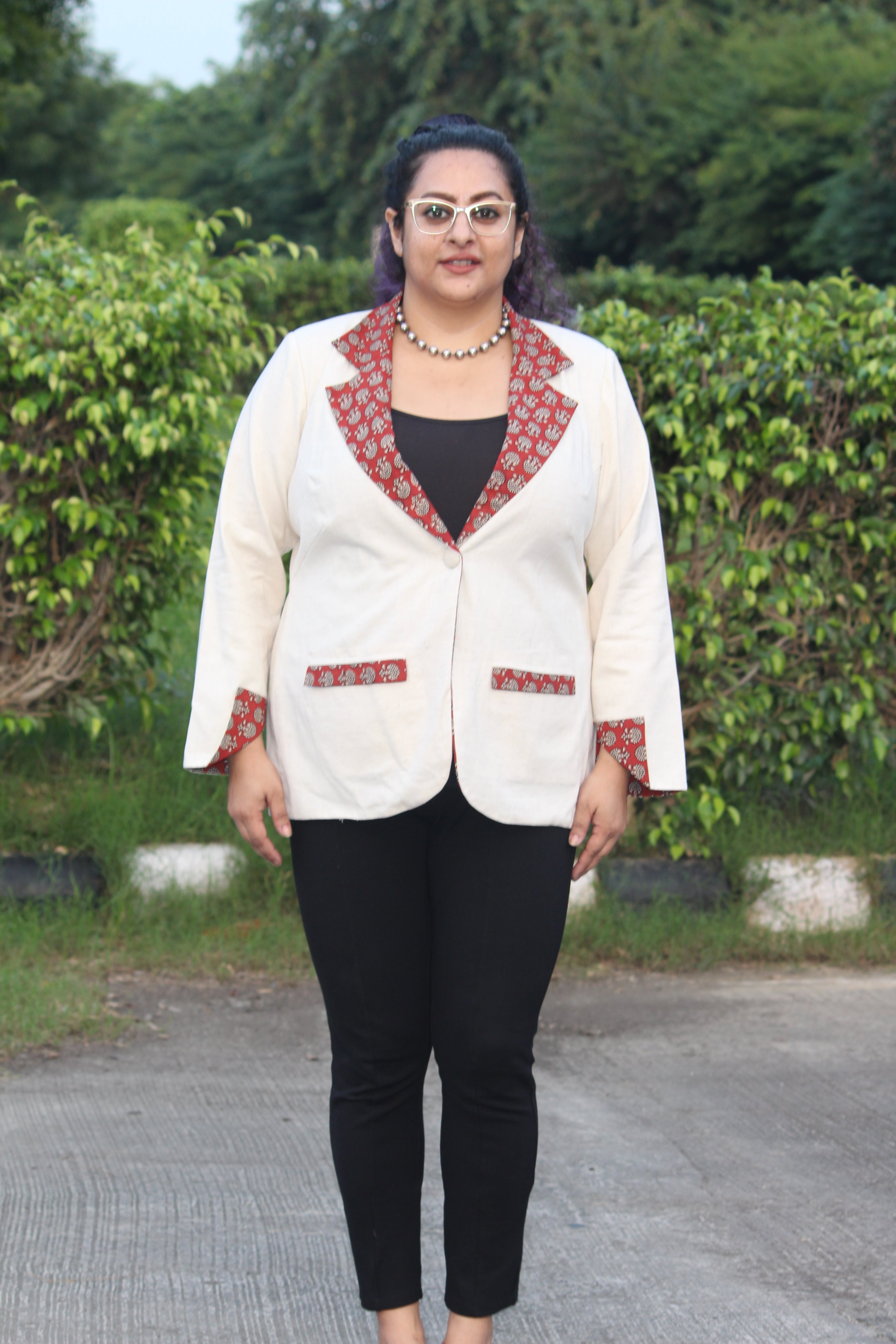White Cotton Blazer with Red Bagru Handblock Printed Collar