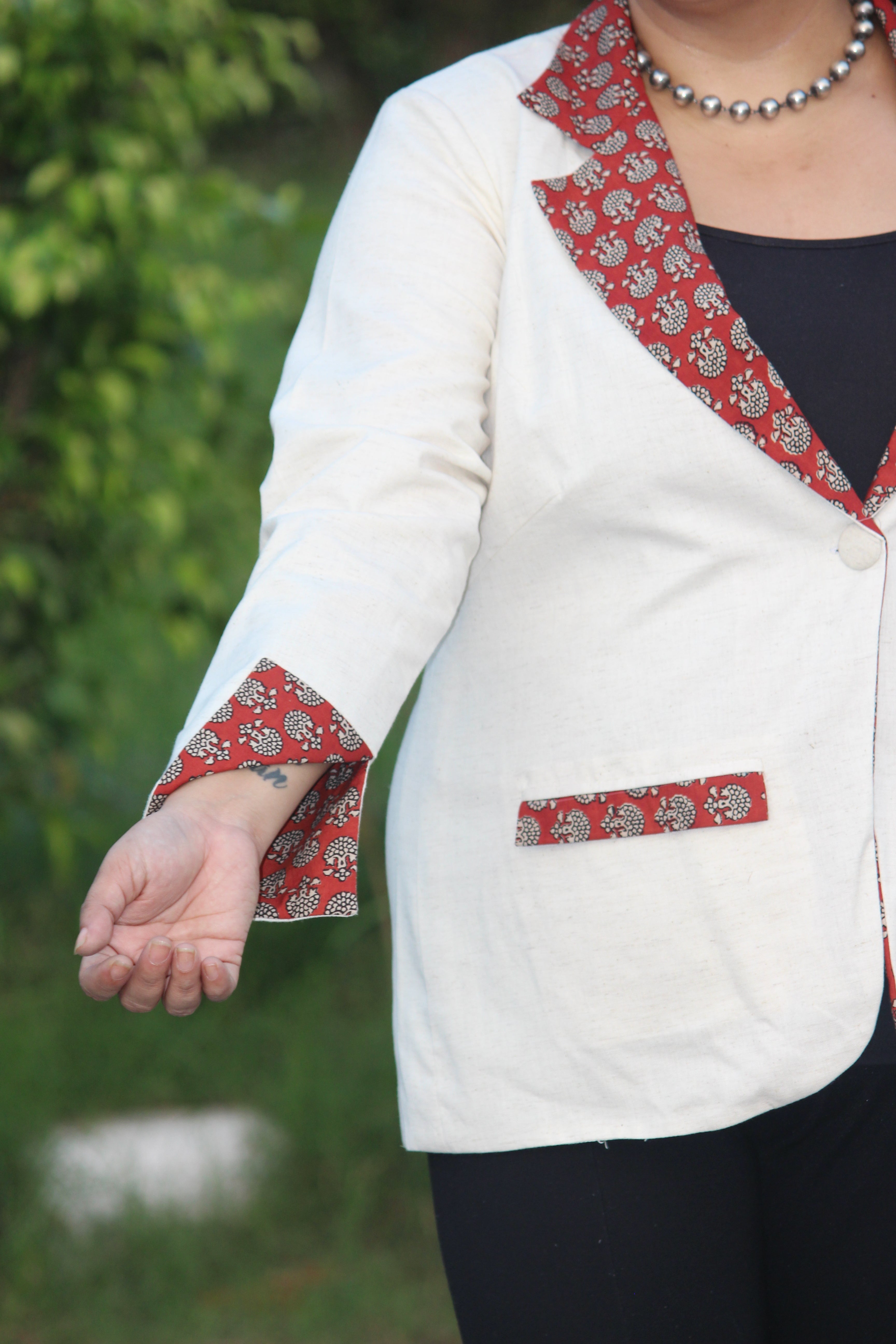 White Cotton Blazer with Red Bagru Handblock Printed Collar