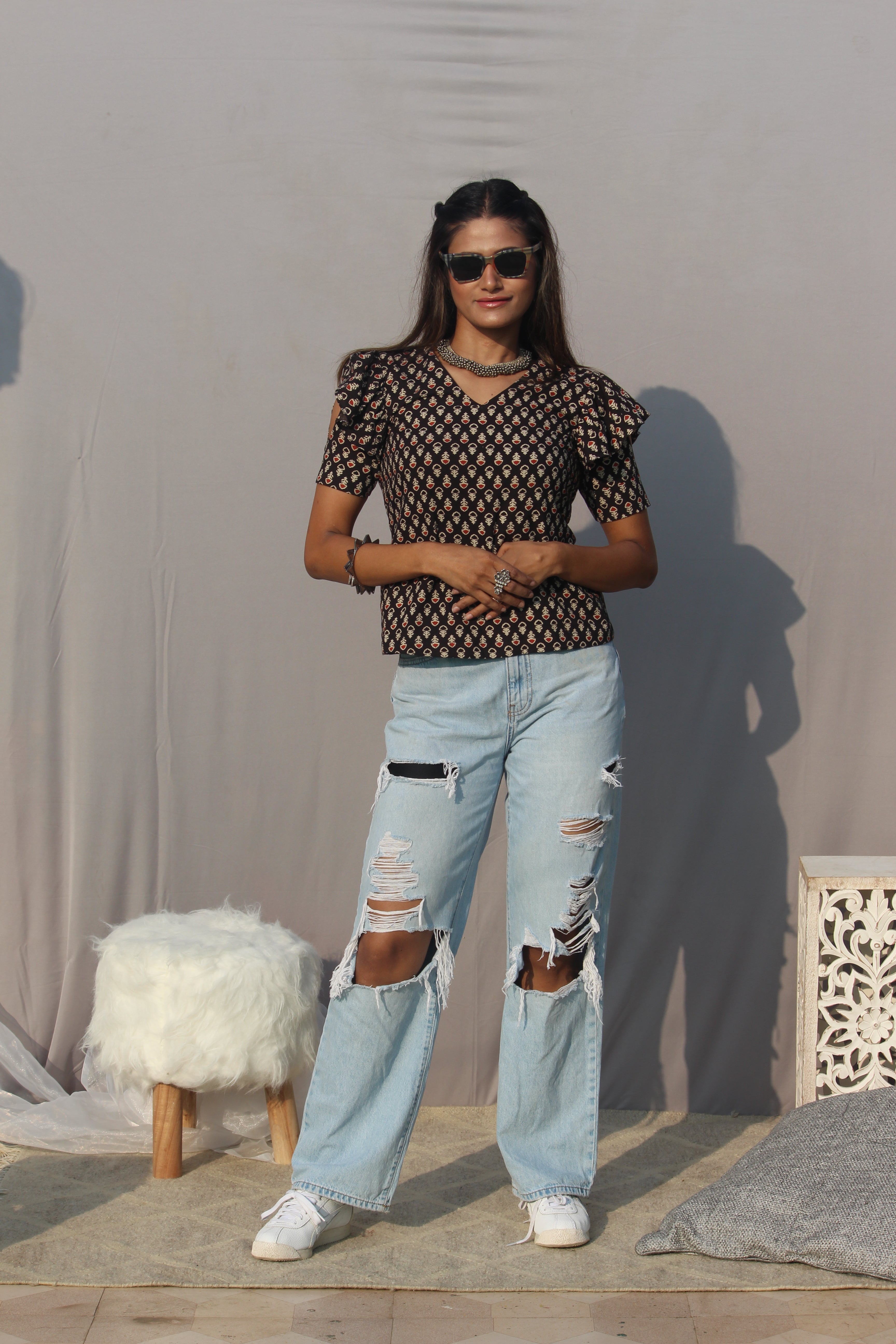 Black bagru Booti Handblock Printed V-neck Cotton Top with Frill Sleeves