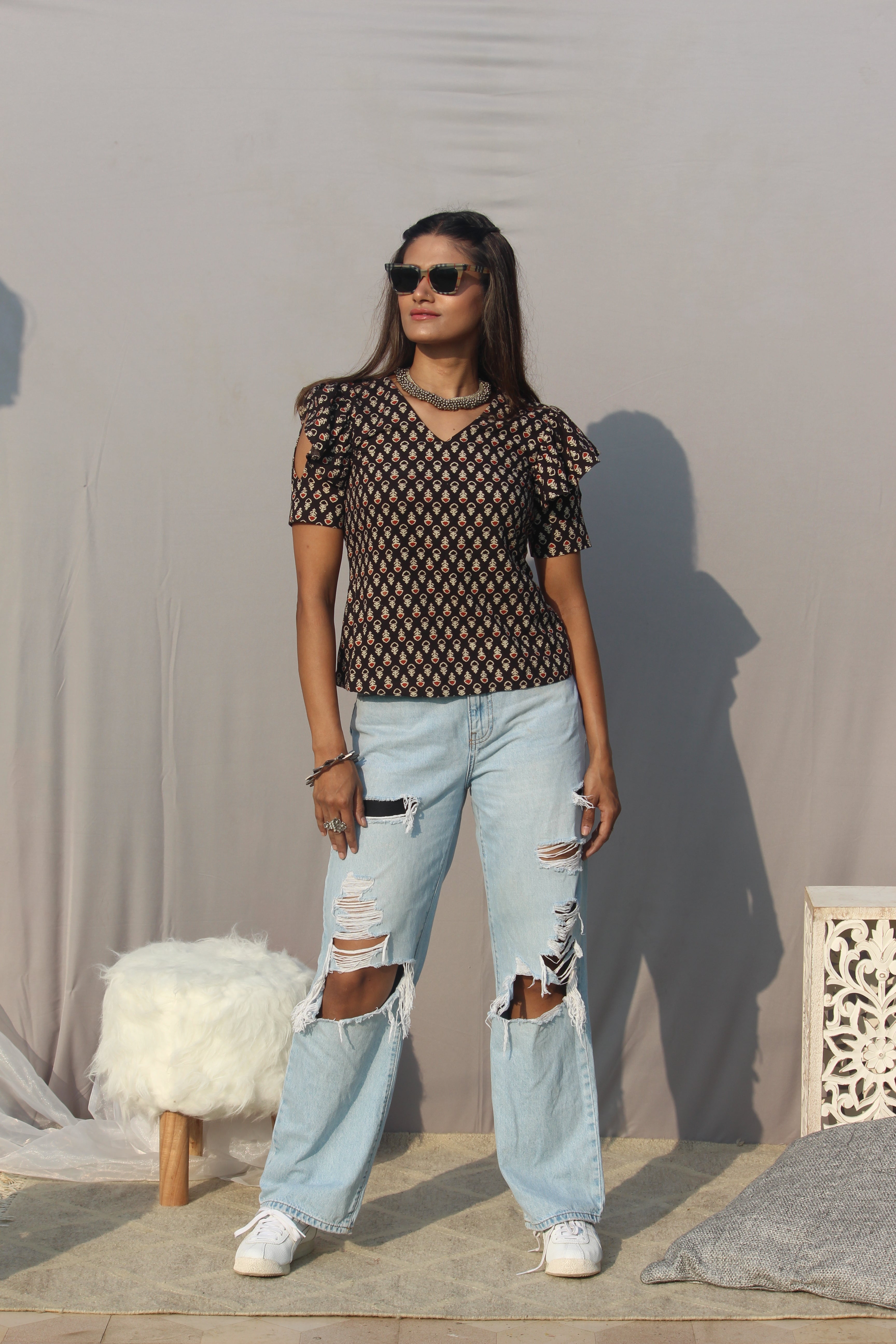 Black bagru Booti Handblock Printed V-neck Cotton Top with Frill Sleeves