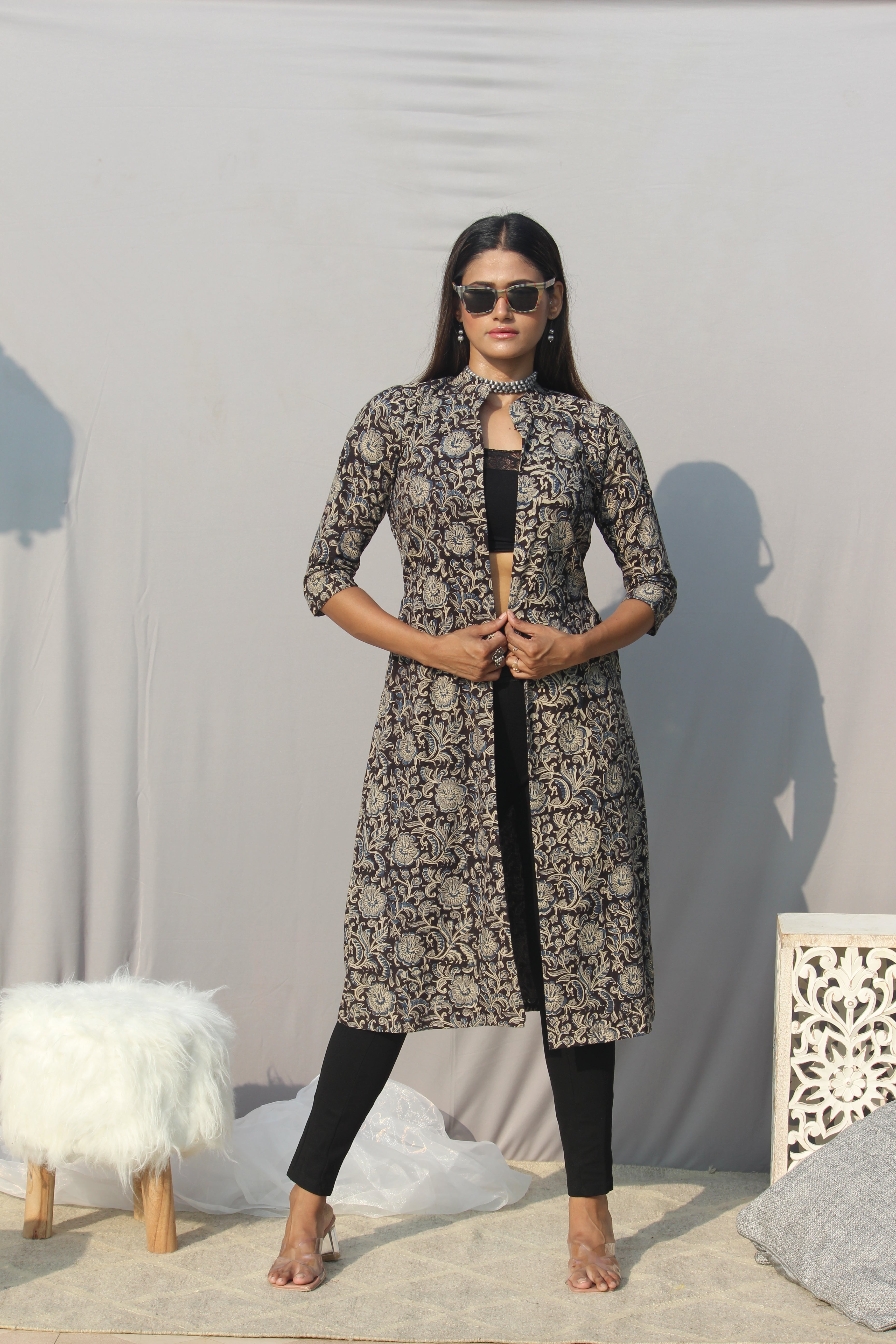 Black Kalamkari Handblock Printed Cotton Shrug