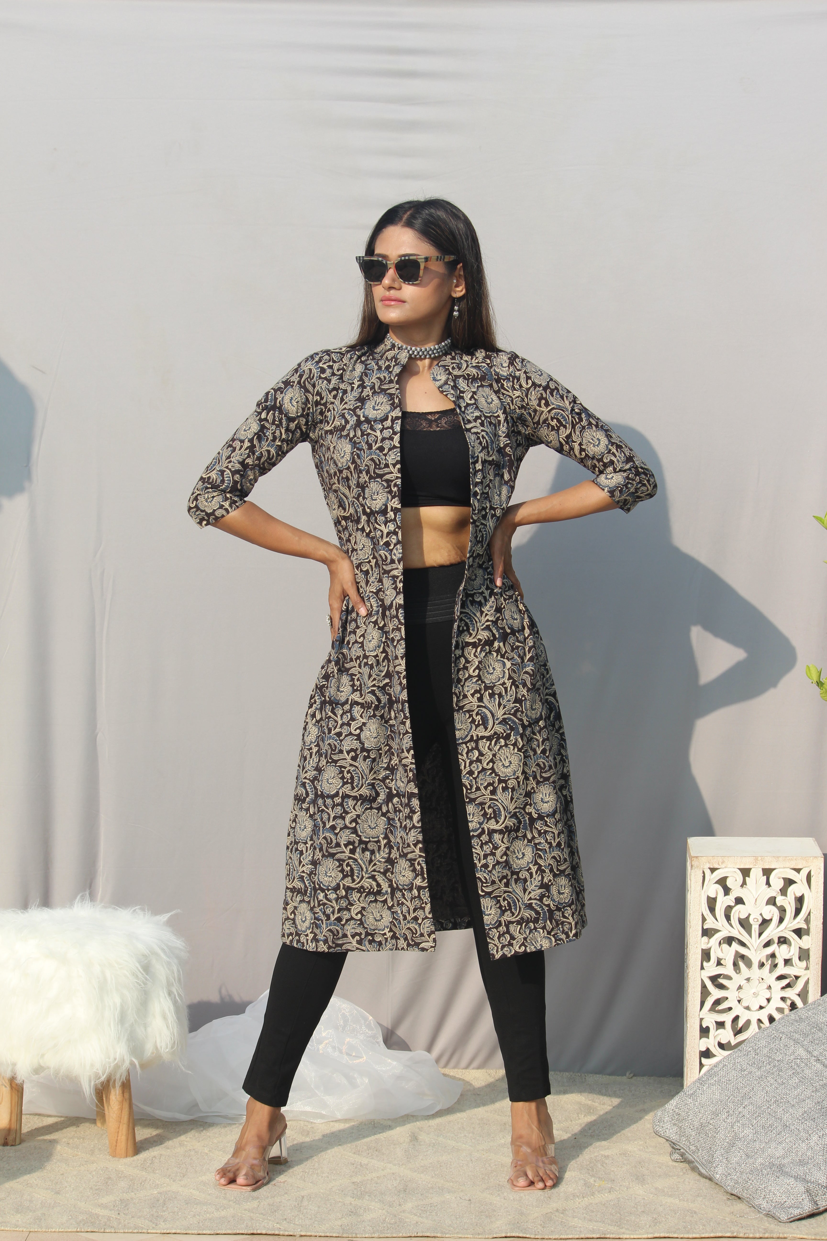 Black Kalamkari Handblock Printed Cotton Shrug