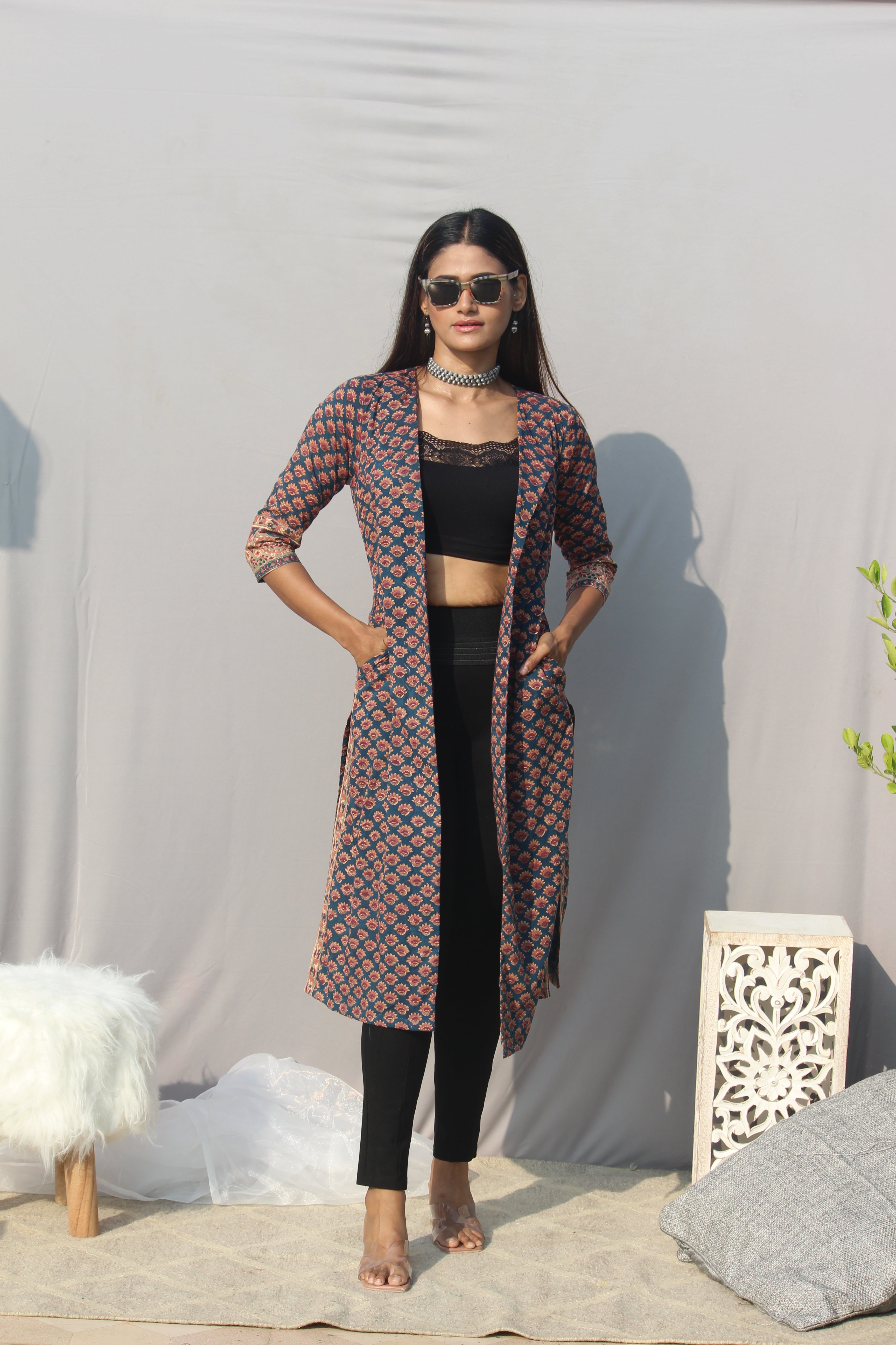 Sea Green Sanganeri Handblock Printed Cotton Shrug