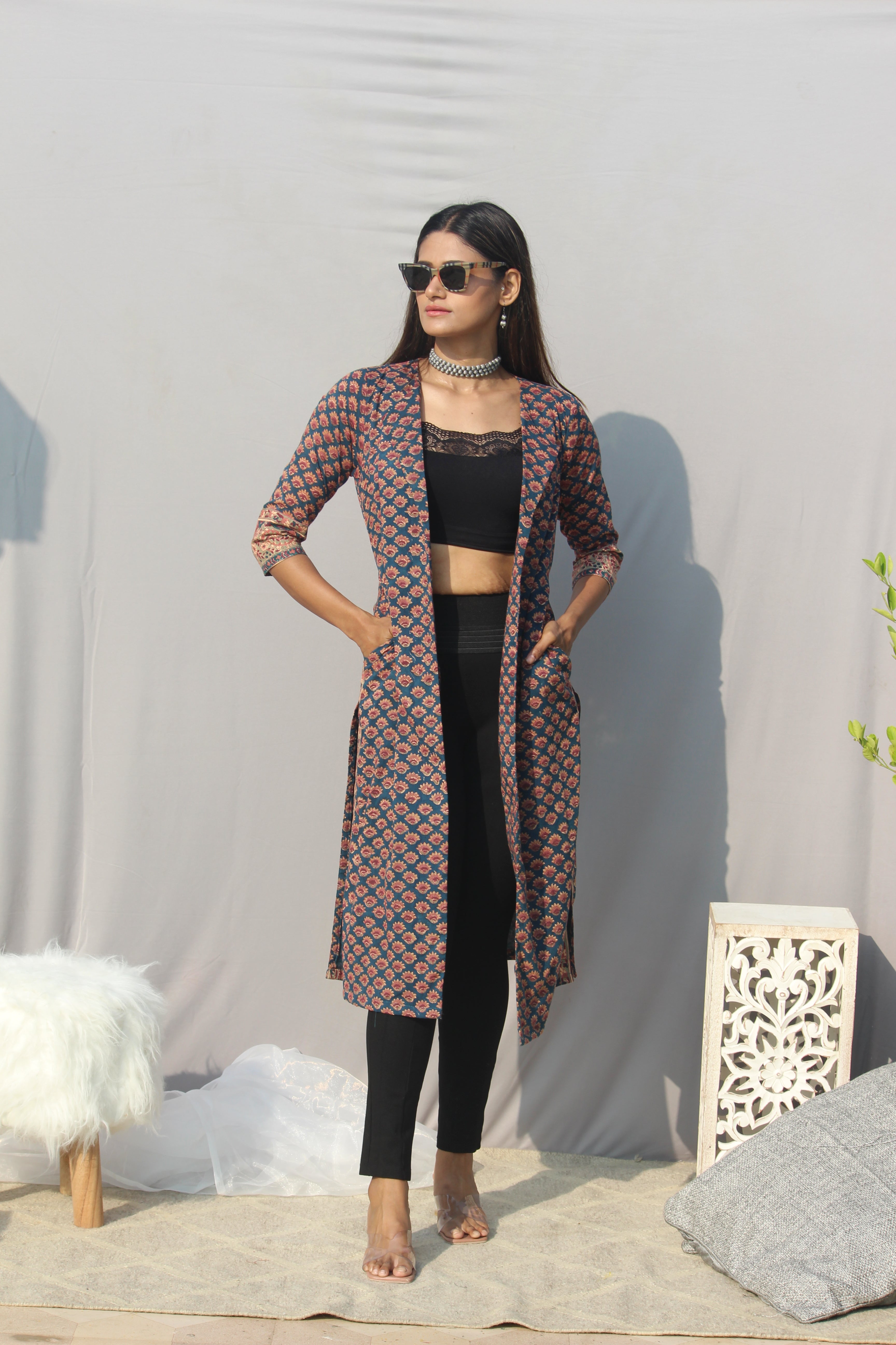 Sea Green Sanganeri Handblock Printed Cotton Shrug