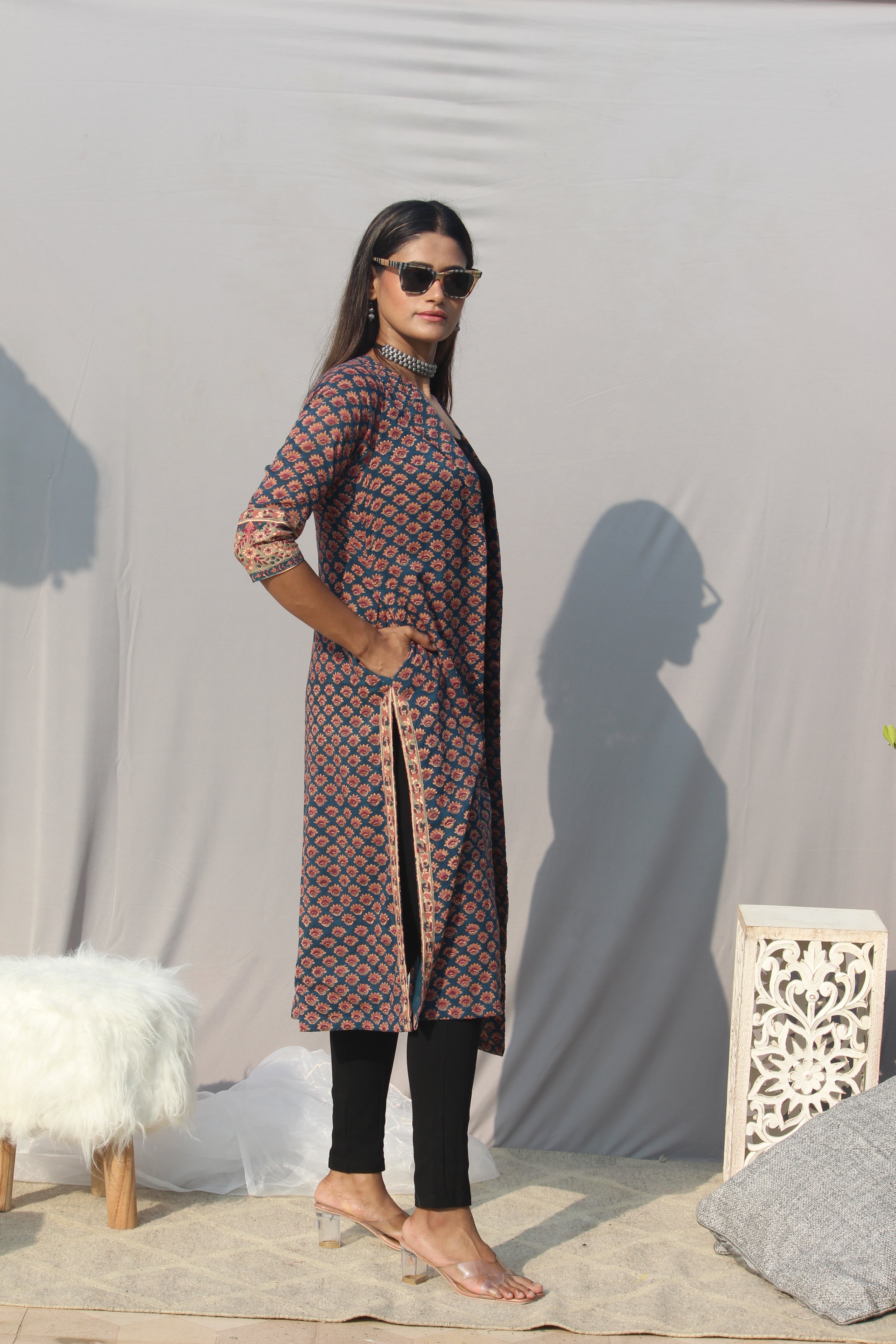 Sea Green Sanganeri Handblock Printed Cotton Shrug