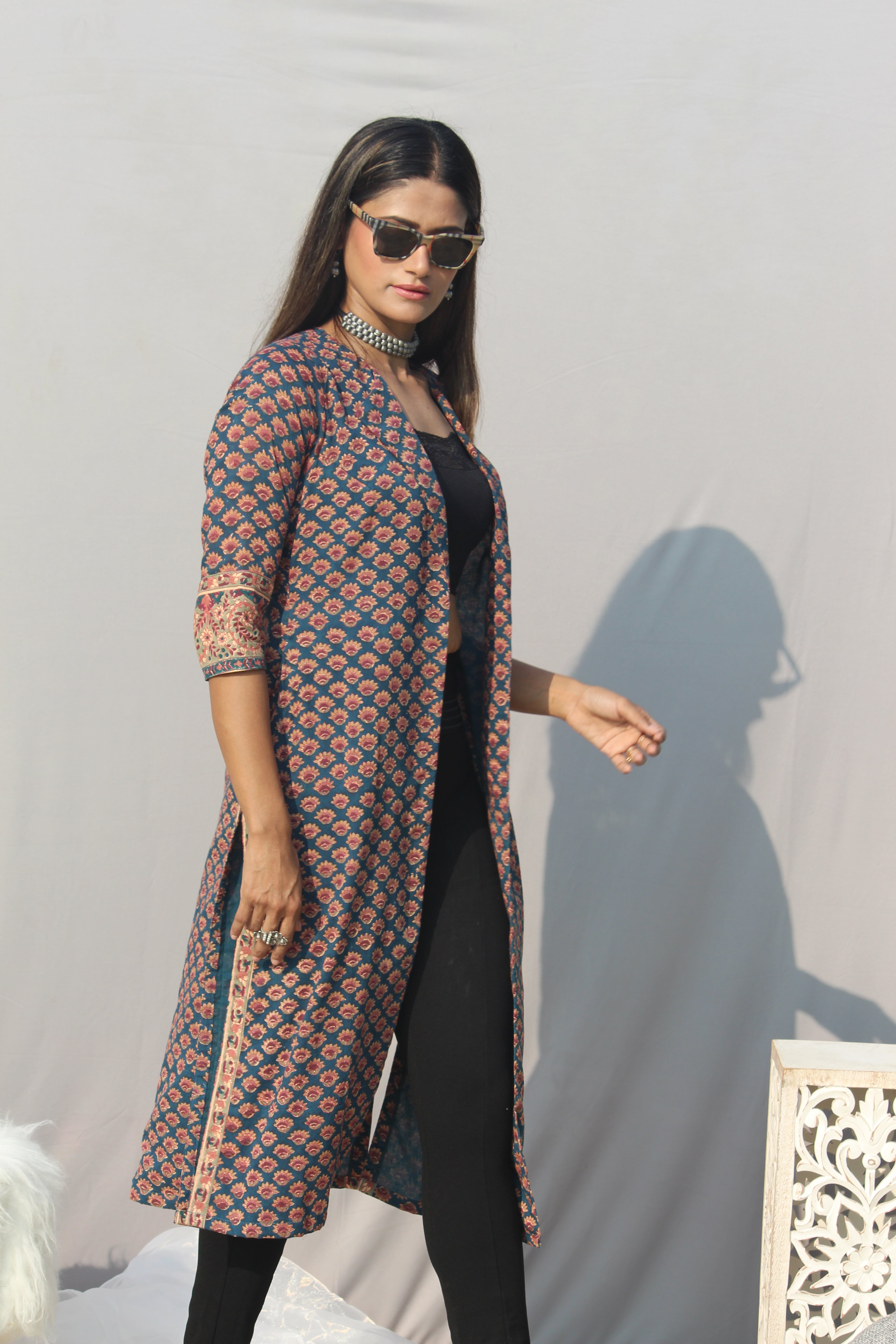 Sea Green Sanganeri Handblock Printed Cotton Shrug