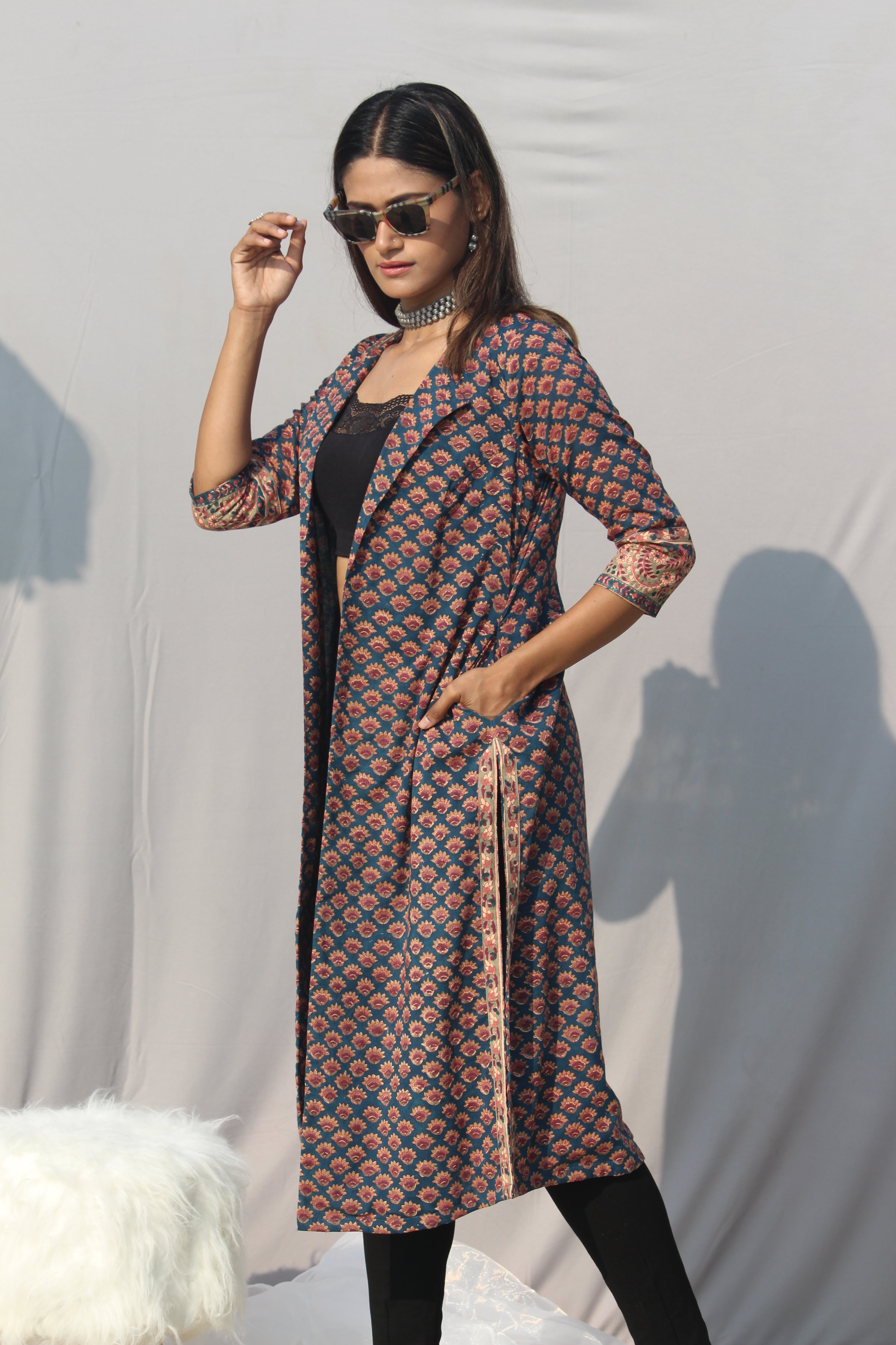 Sea Green Sanganeri Handblock Printed Cotton Shrug