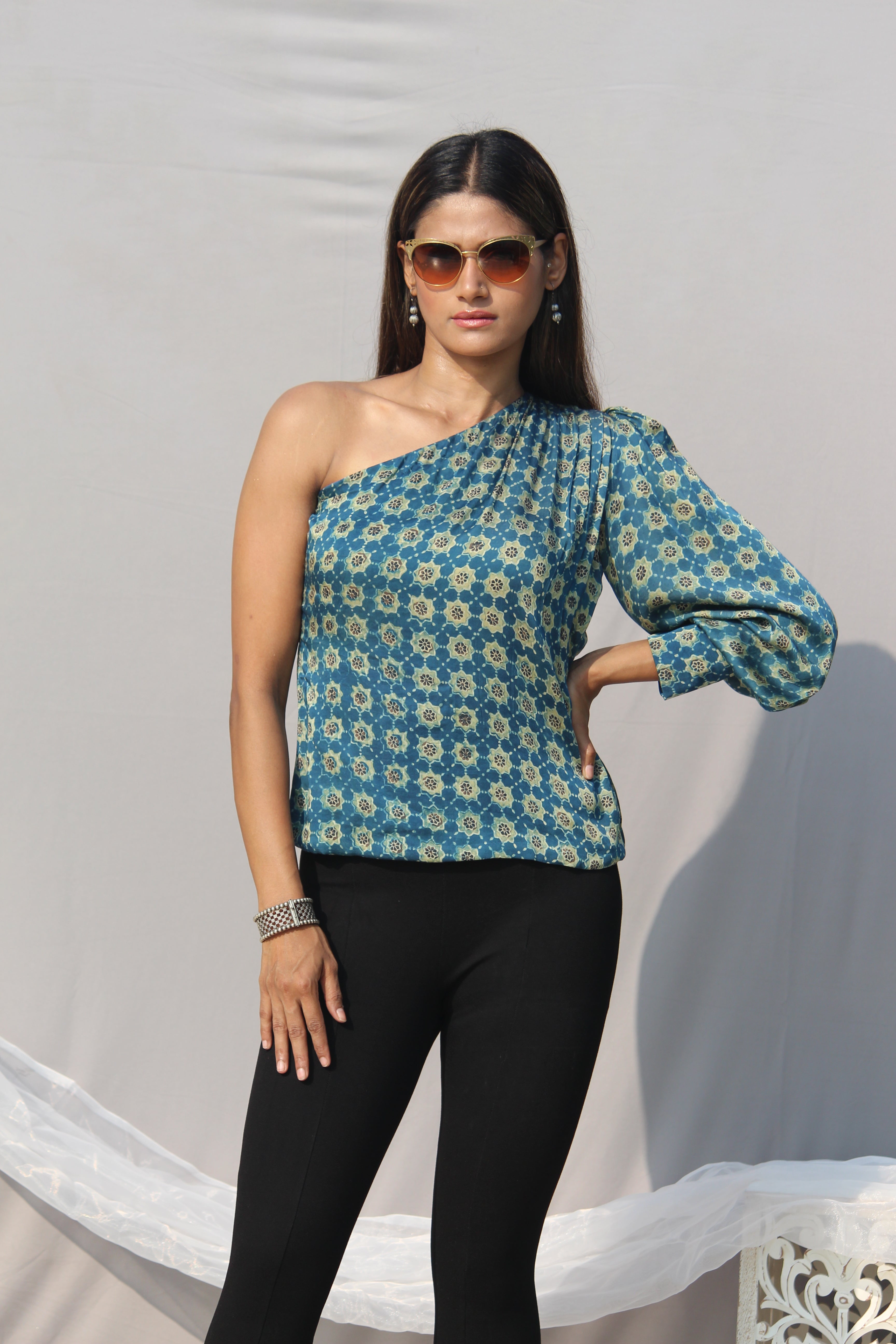 Indigo Ajrakh Handblock Printed Modal silk One sleeved Top