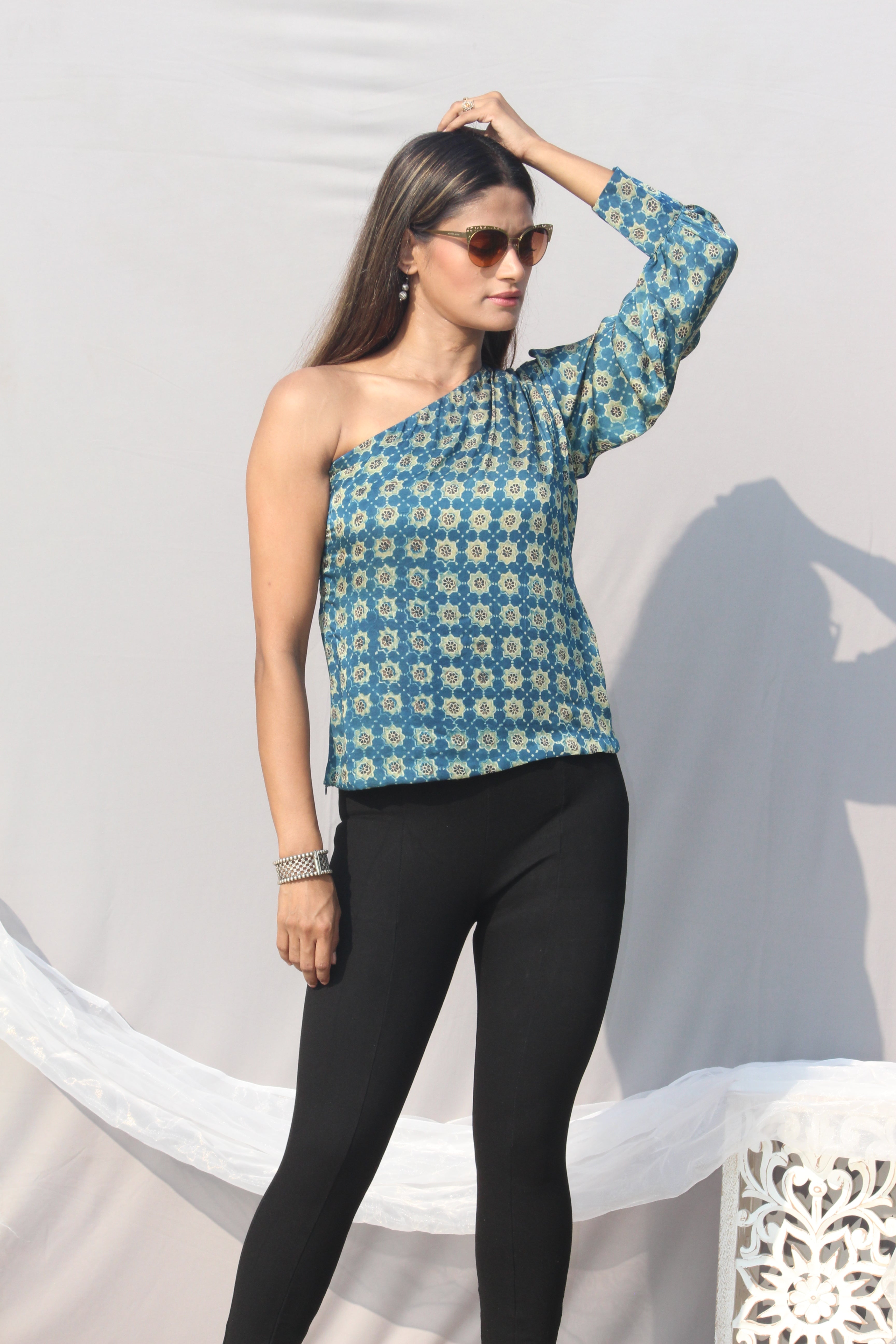 Indigo Ajrakh Handblock Printed Modal silk One sleeved Top