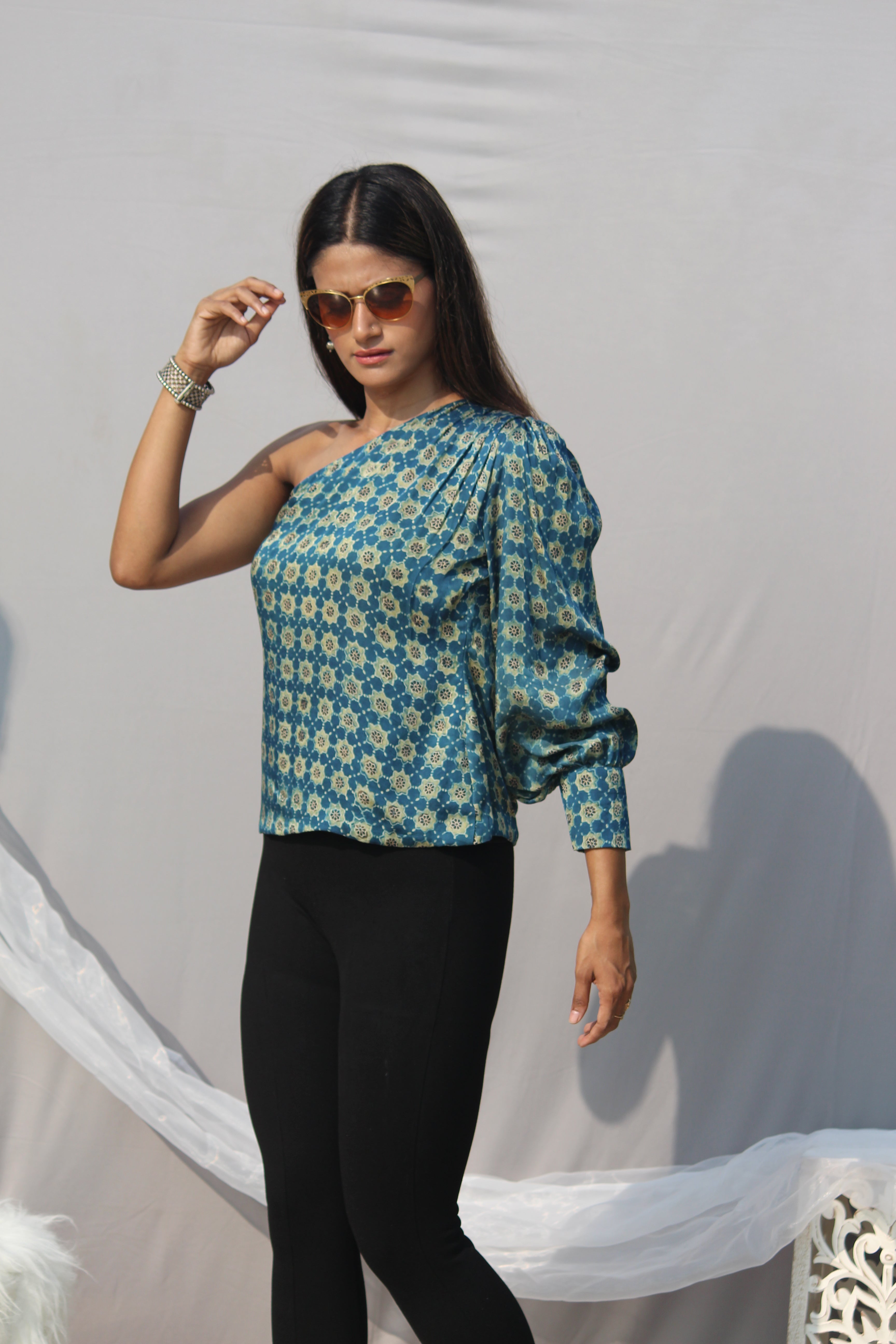 Indigo Ajrakh Handblock Printed Modal silk One sleeved Top