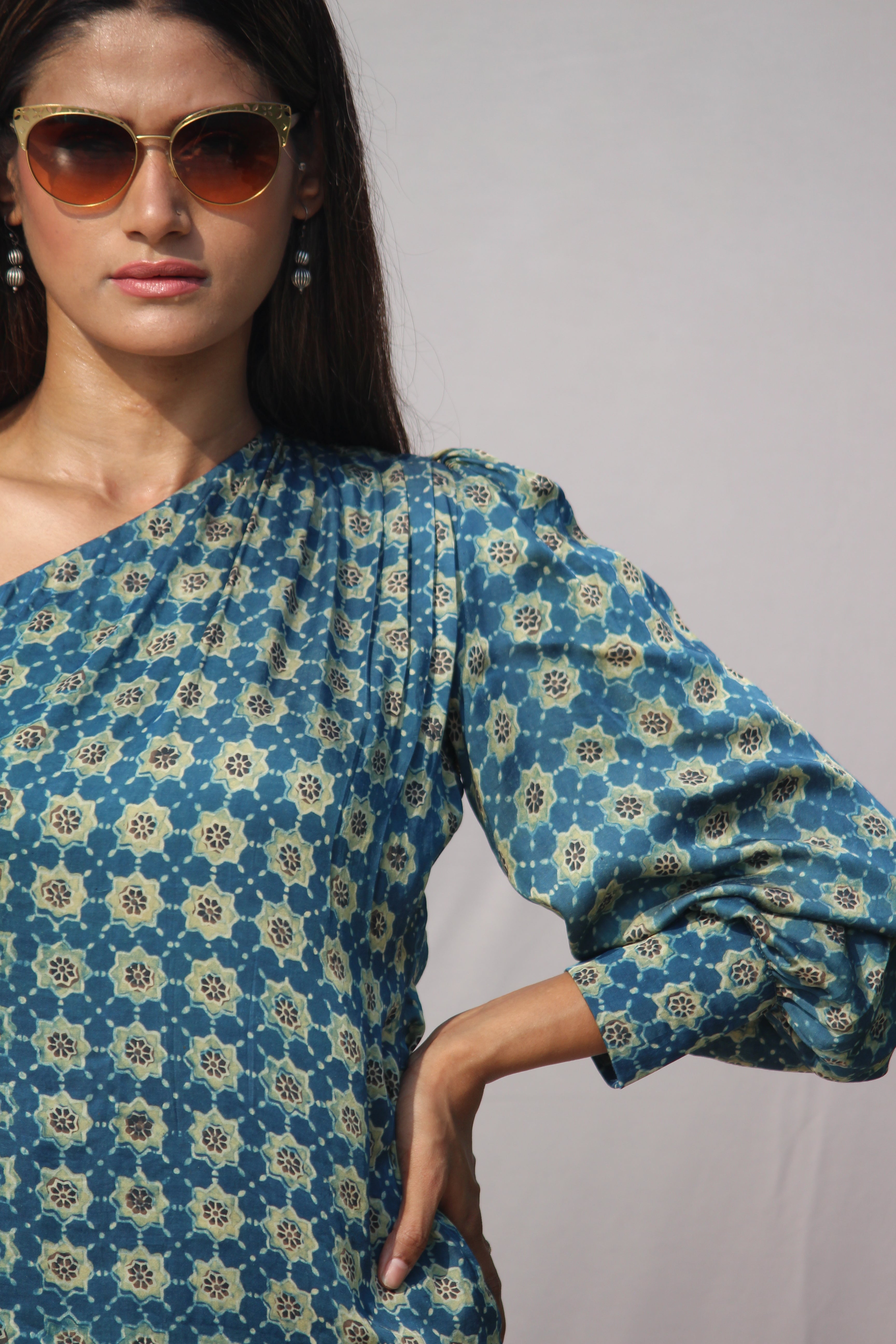 Indigo Ajrakh Handblock Printed Modal silk One sleeved Top