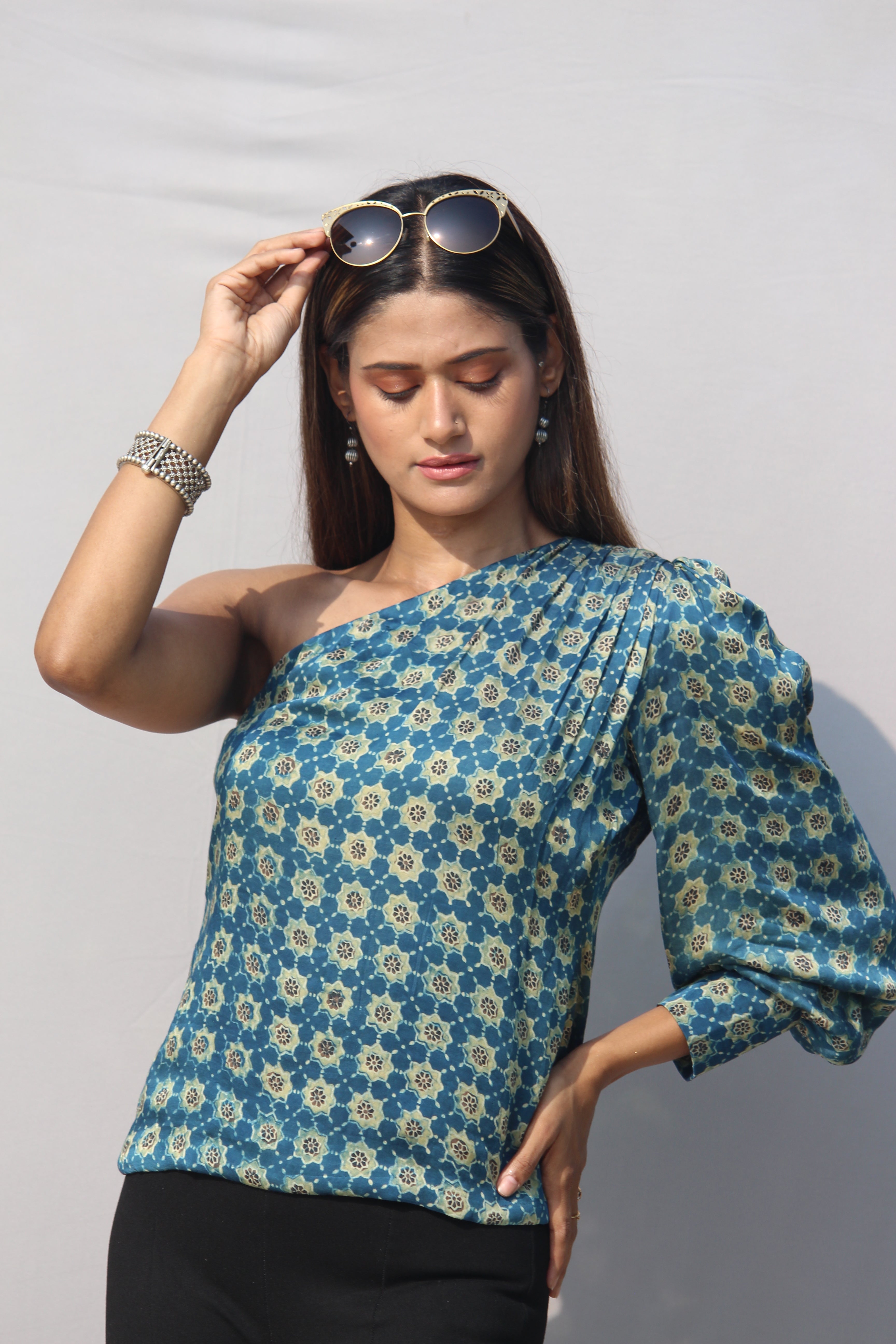 Indigo Ajrakh Handblock Printed Modal silk One sleeved Top