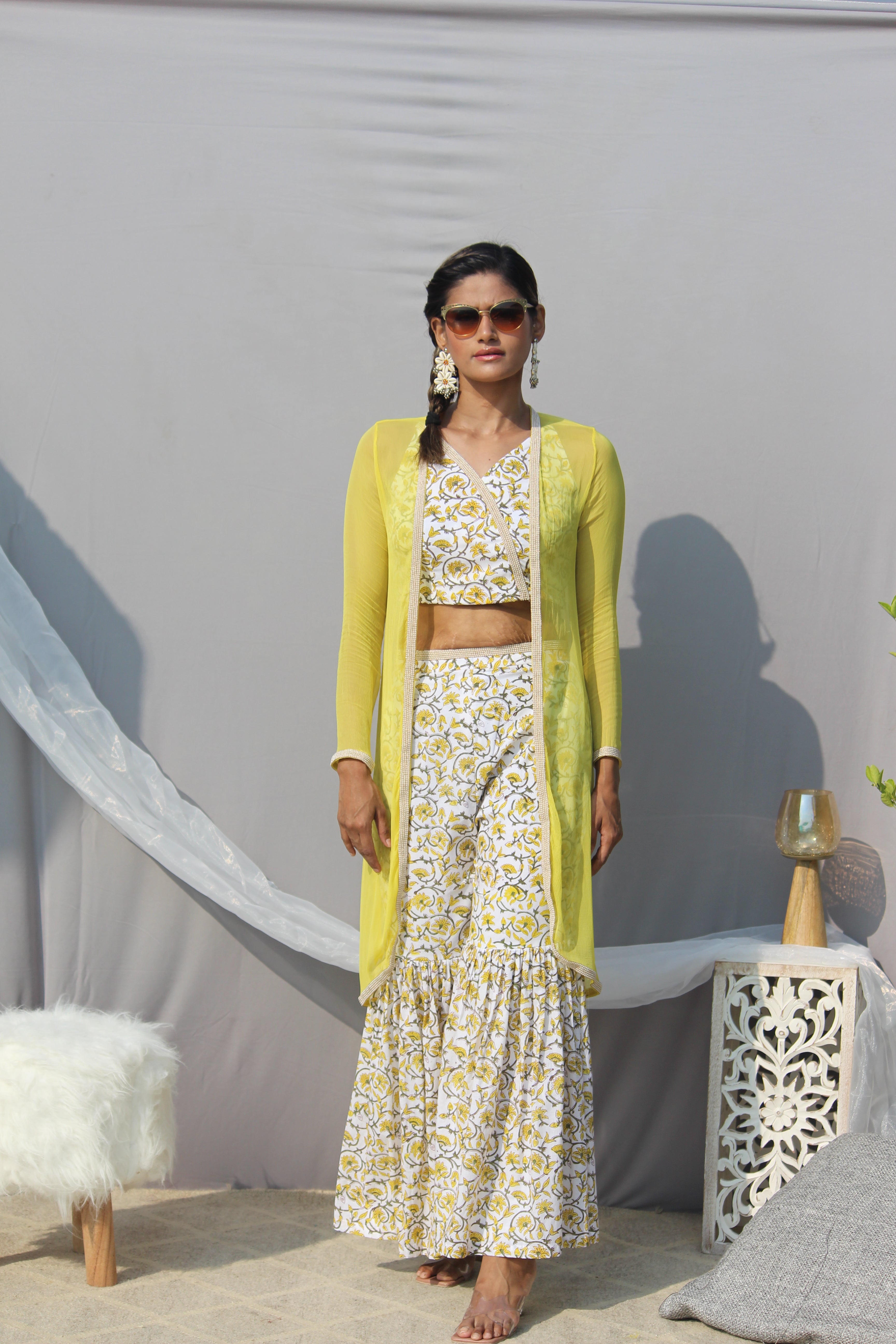 Yellow sanganeri  handblock print 3 piece sharara set