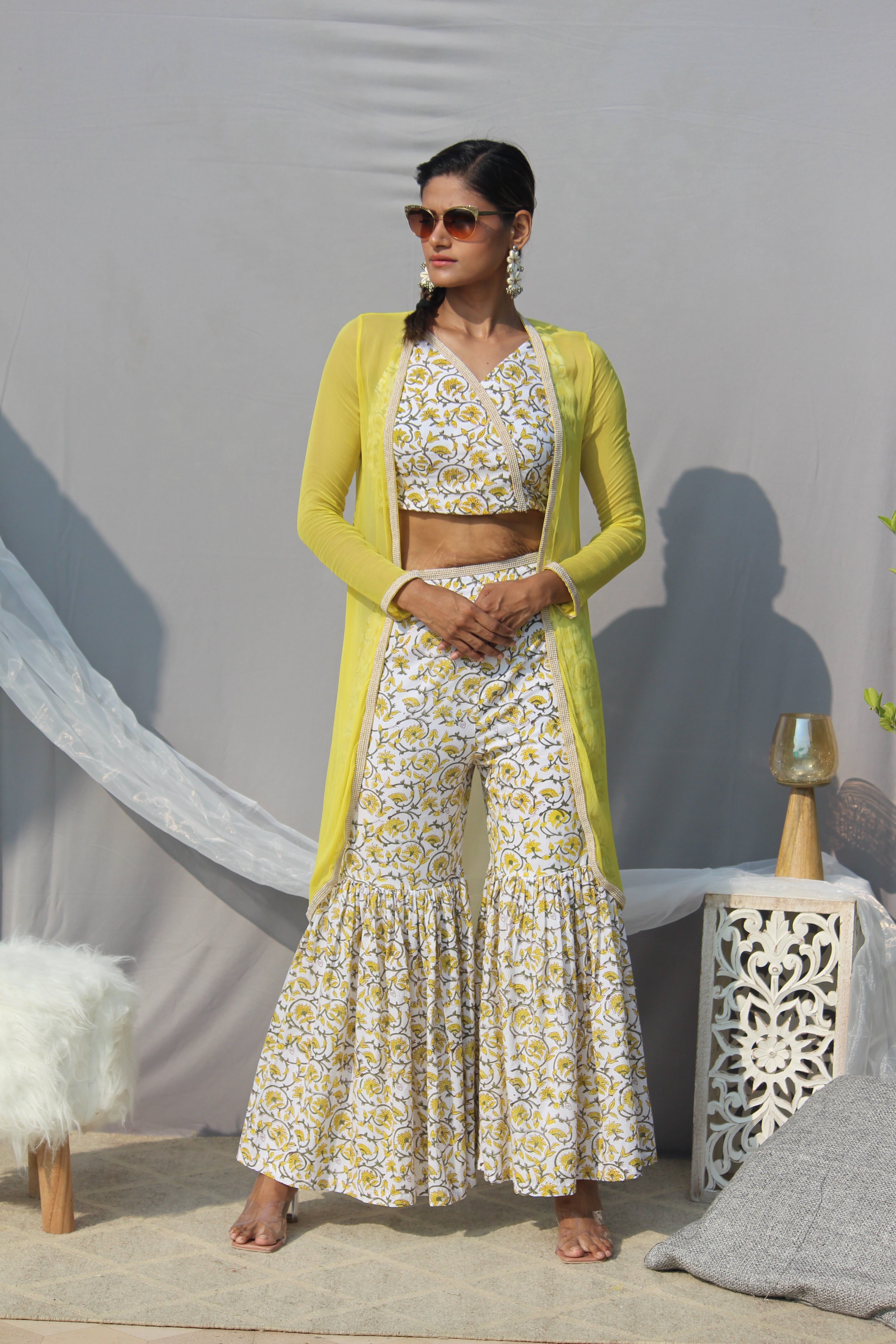 Yellow sanganeri  handblock print 3 piece sharara set