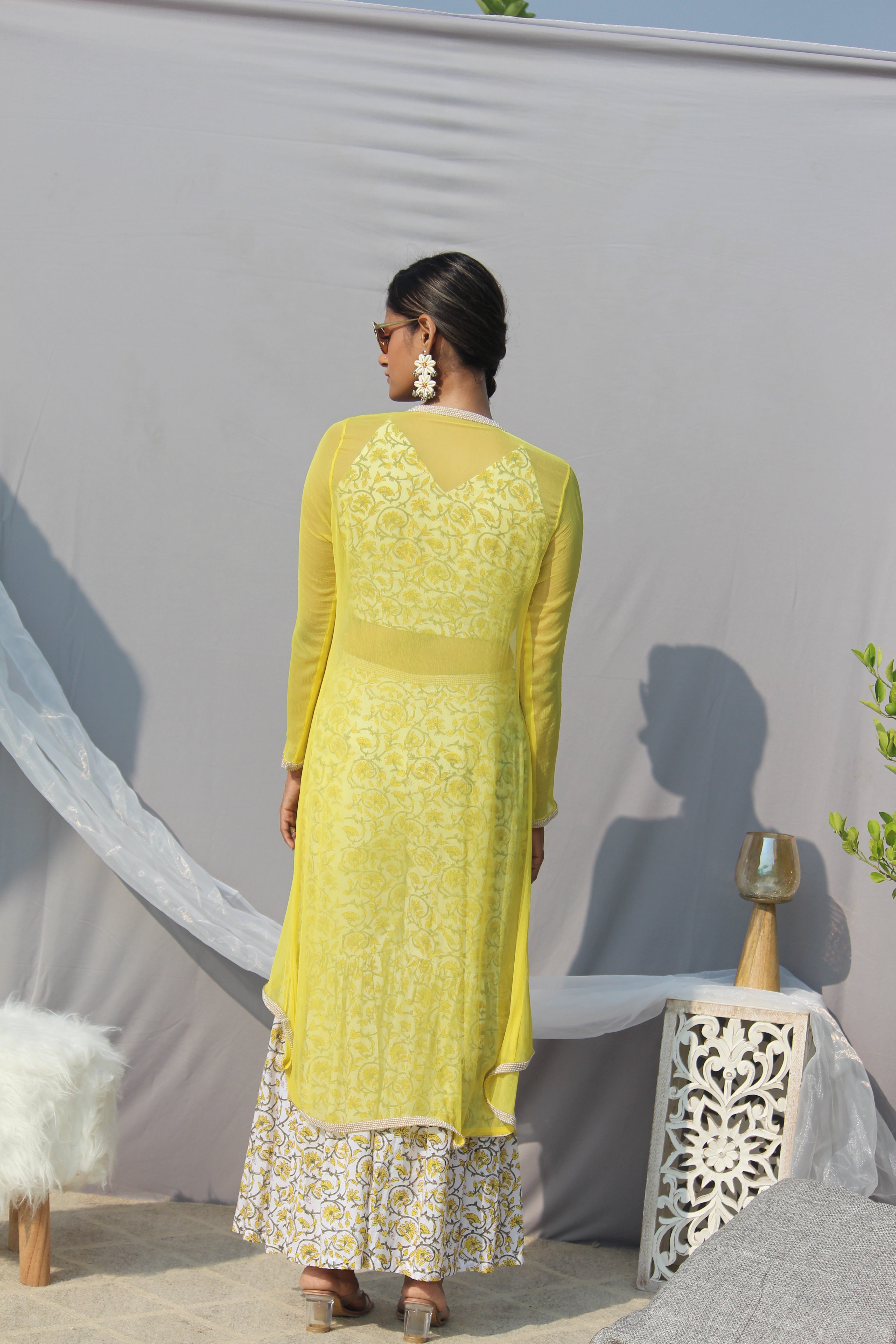 Yellow sanganeri  handblock print 3 piece sharara set