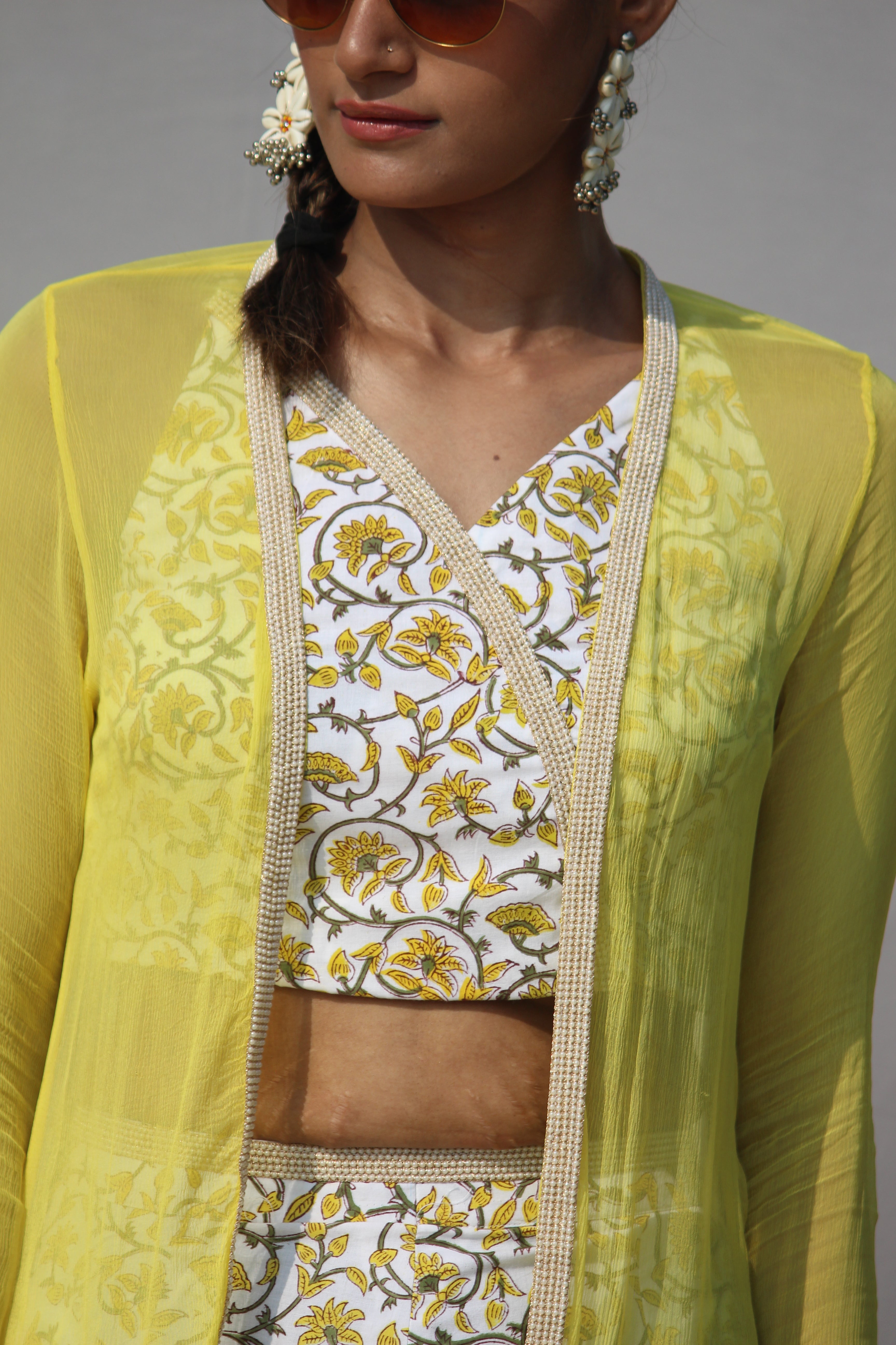 Yellow sanganeri  handblock print 3 piece sharara set