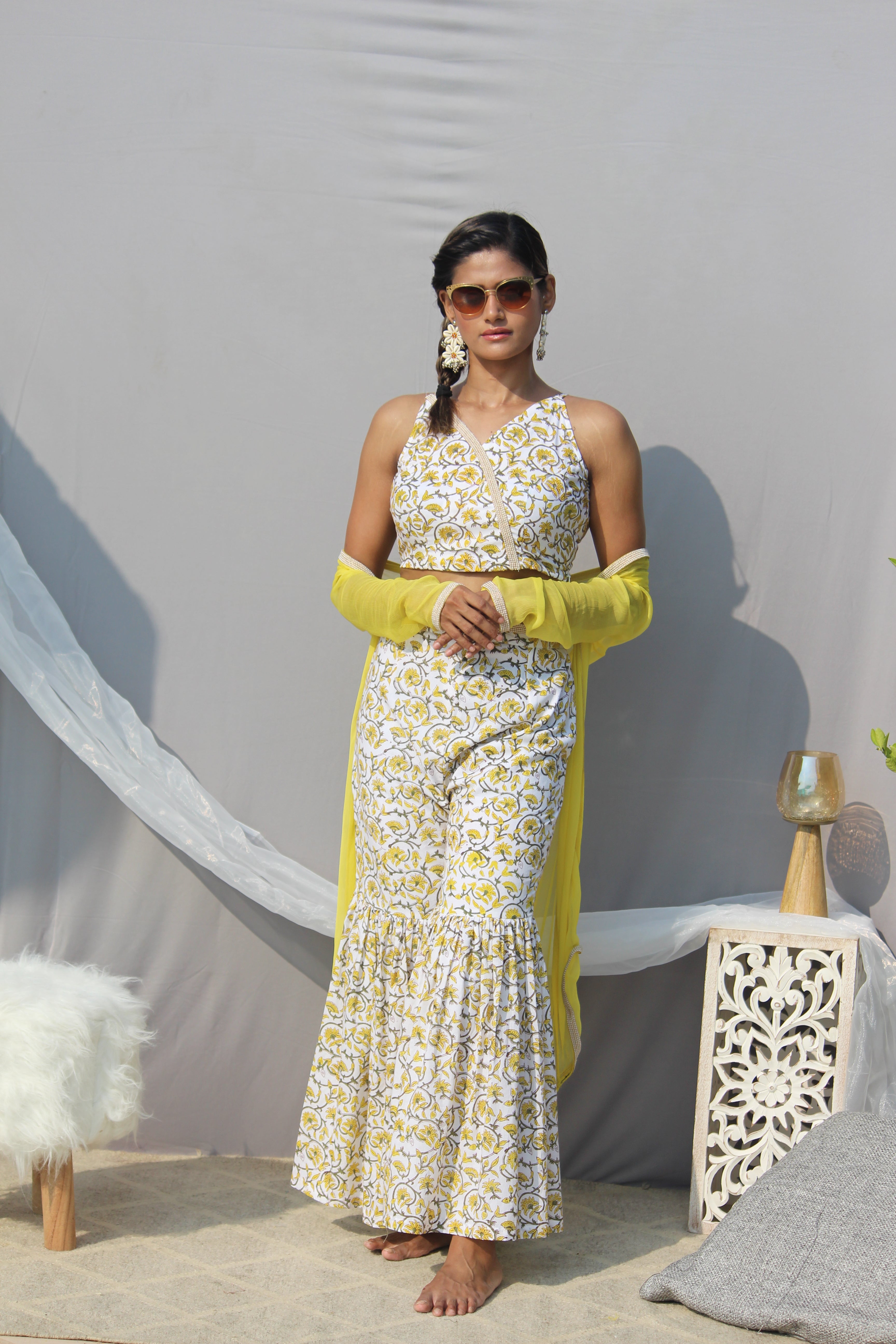 Yellow sanganeri  handblock print 3 piece sharara set
