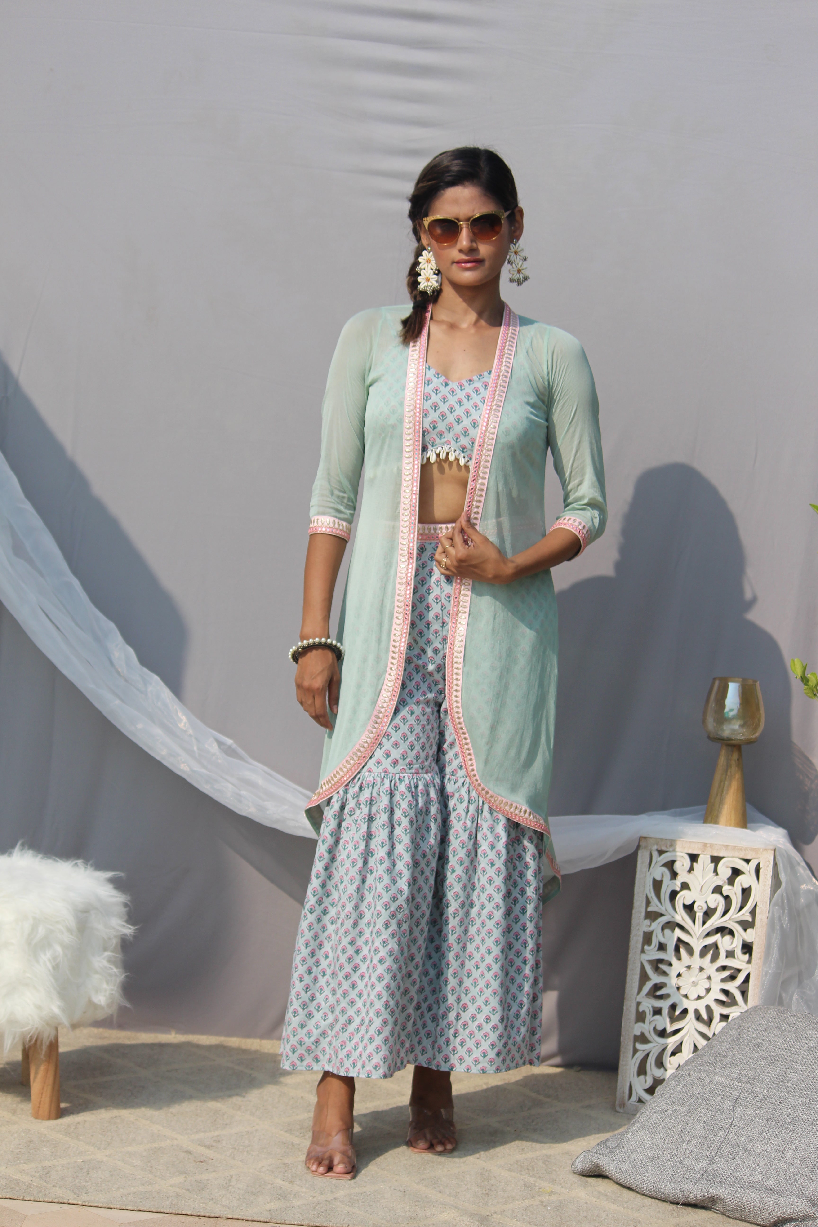 Light Green Sanganeri Handblock Print 3 piece Sharara set with shell lace