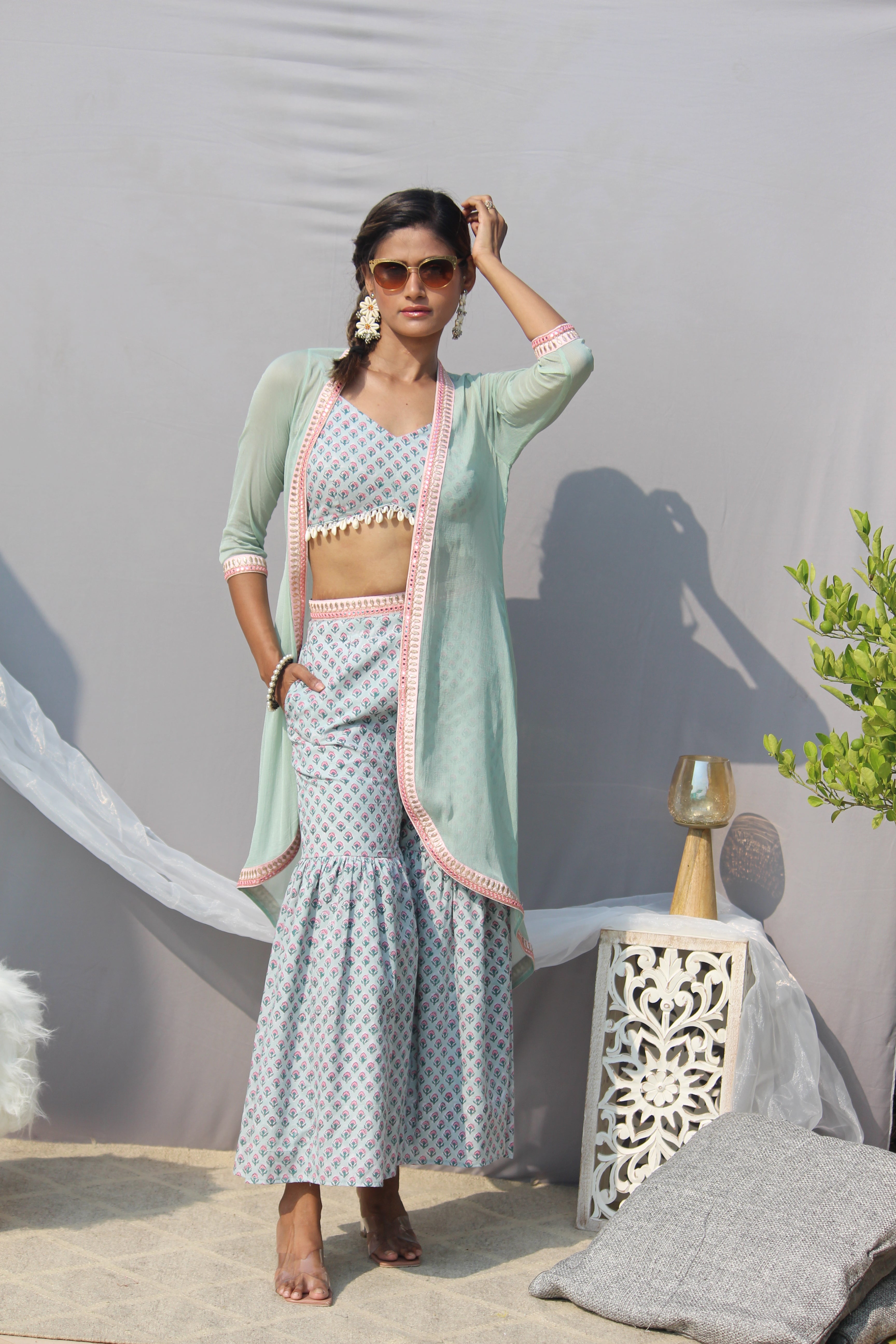 Light Green Sanganeri Handblock Print 3 piece Sharara set with shell lace