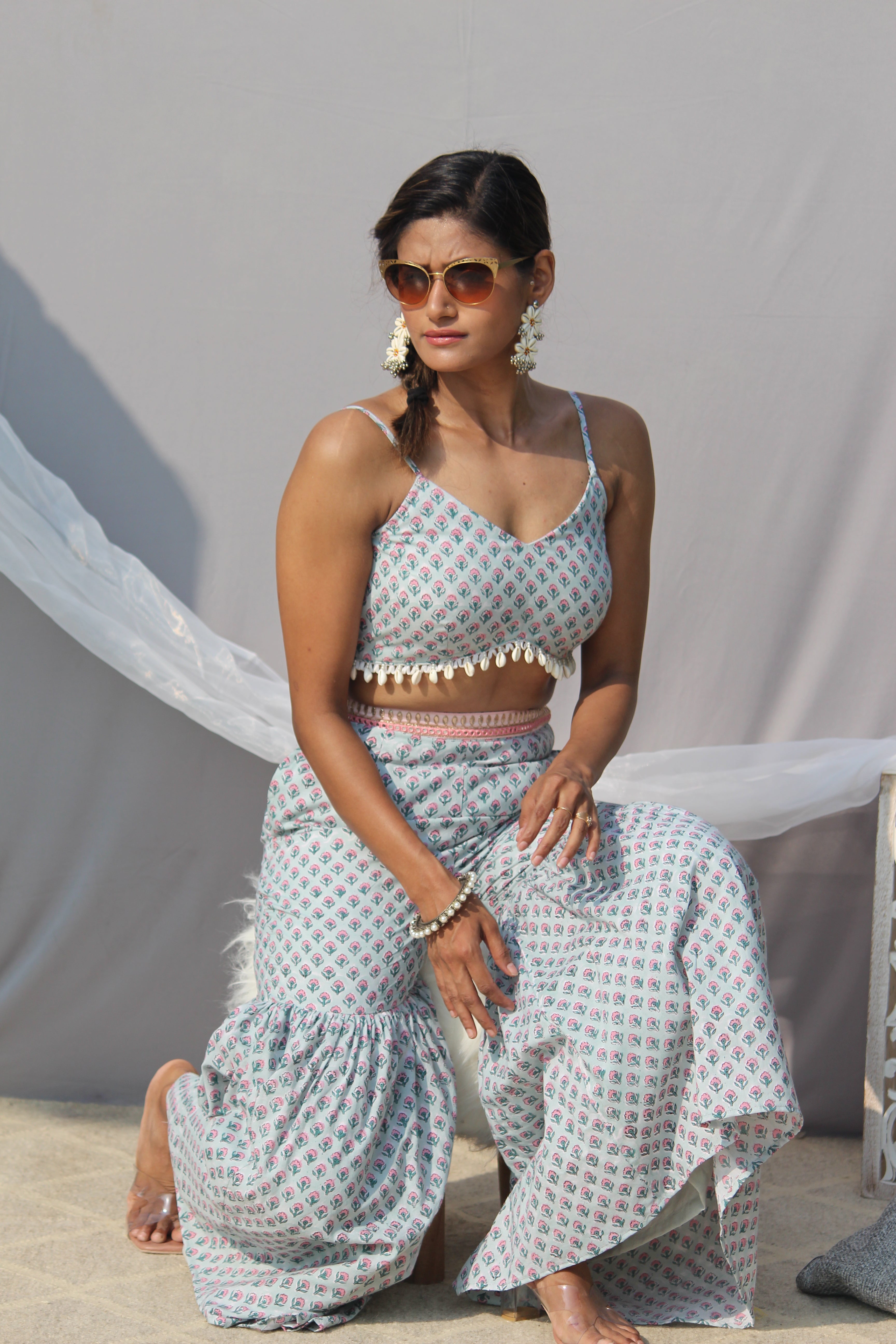 Light Green Sanganeri Handblock Print 3 piece Sharara set with shell lace