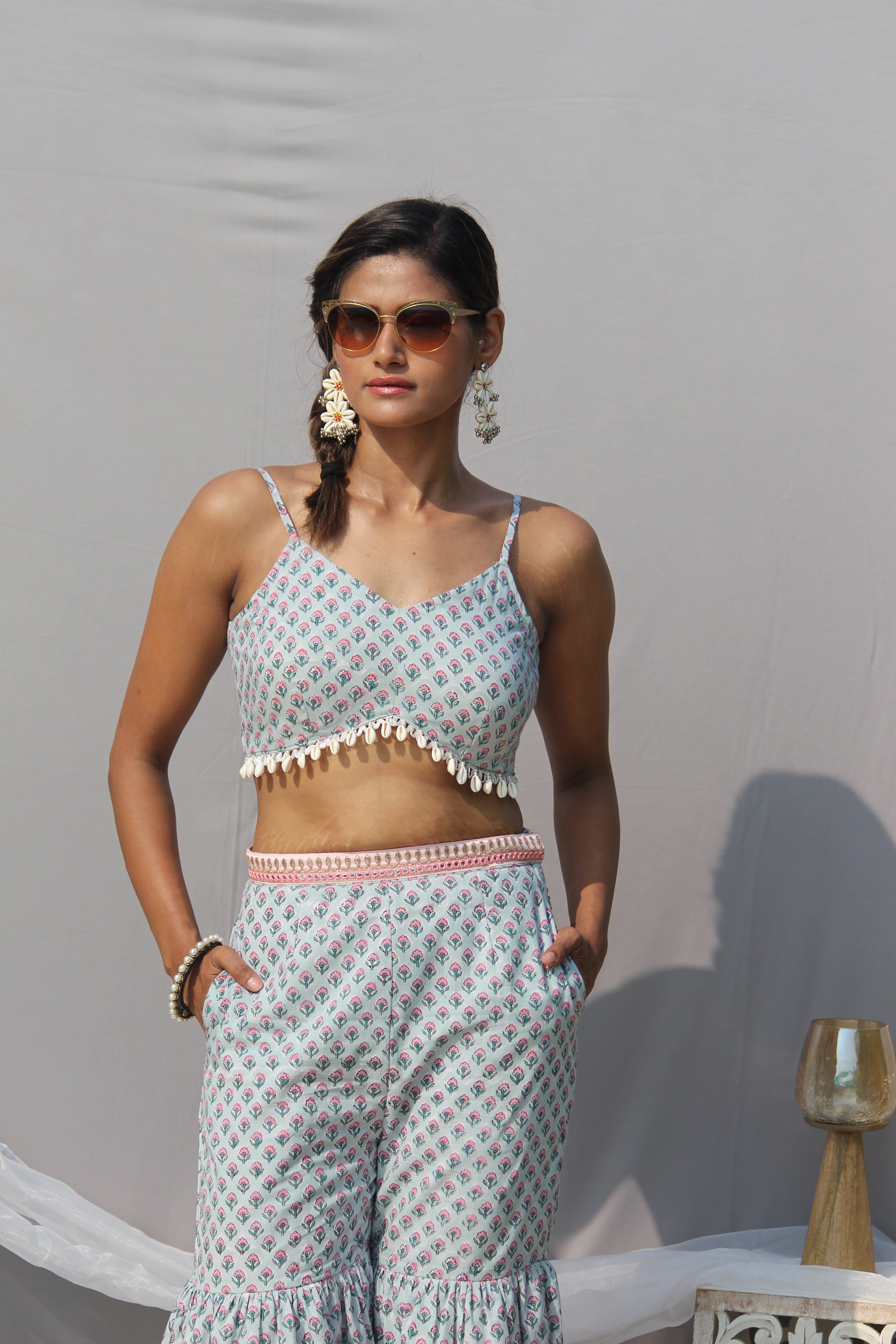 Light Green Sanganeri Handblock Print 3 piece Sharara set with shell lace