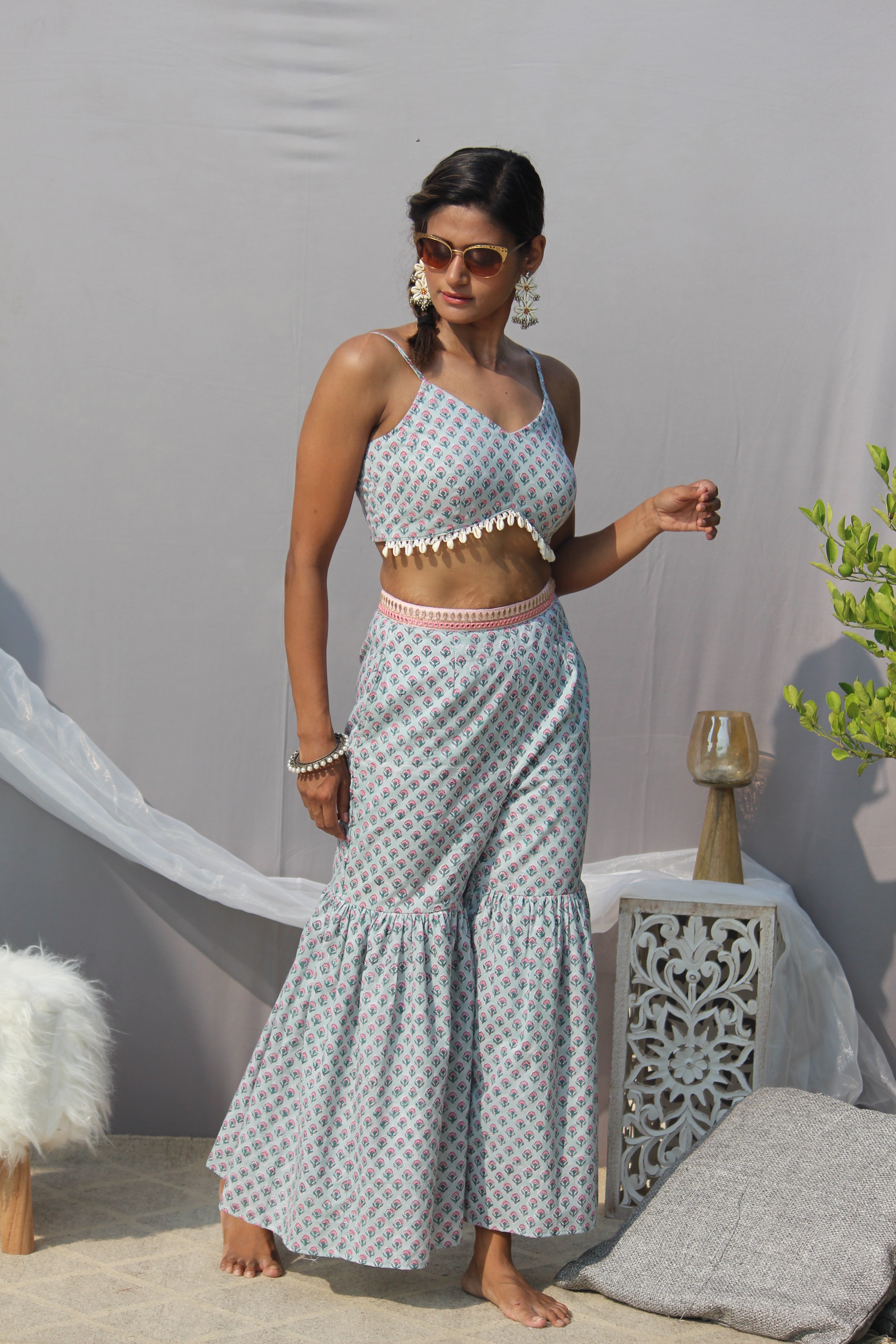 Light Green Sanganeri Handblock Print 3 piece Sharara set with shell lace