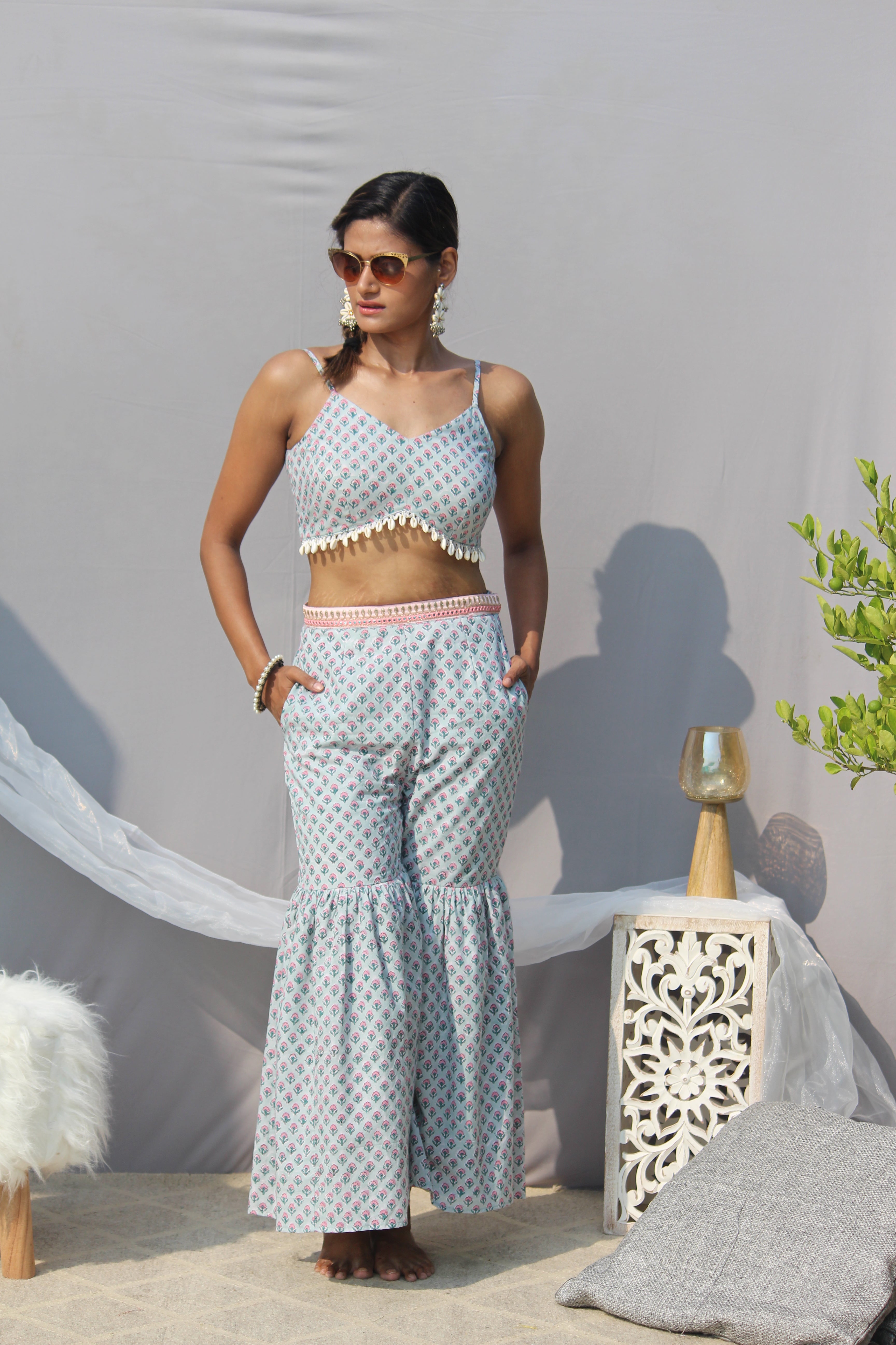 Light Green Sanganeri Handblock Print 3 piece Sharara set with shell lace