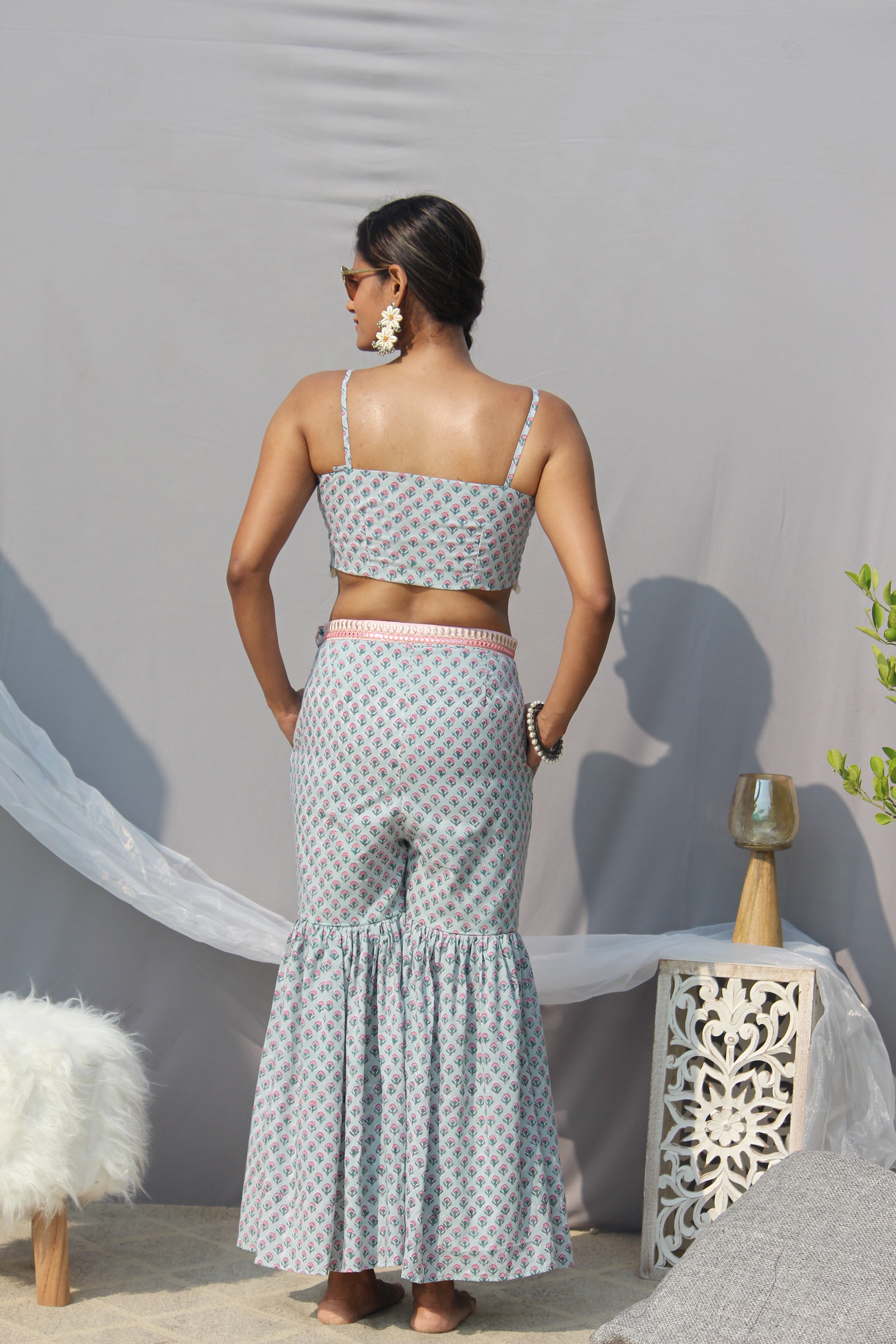 Light Green Sanganeri Handblock Print 3 piece Sharara set with shell lace