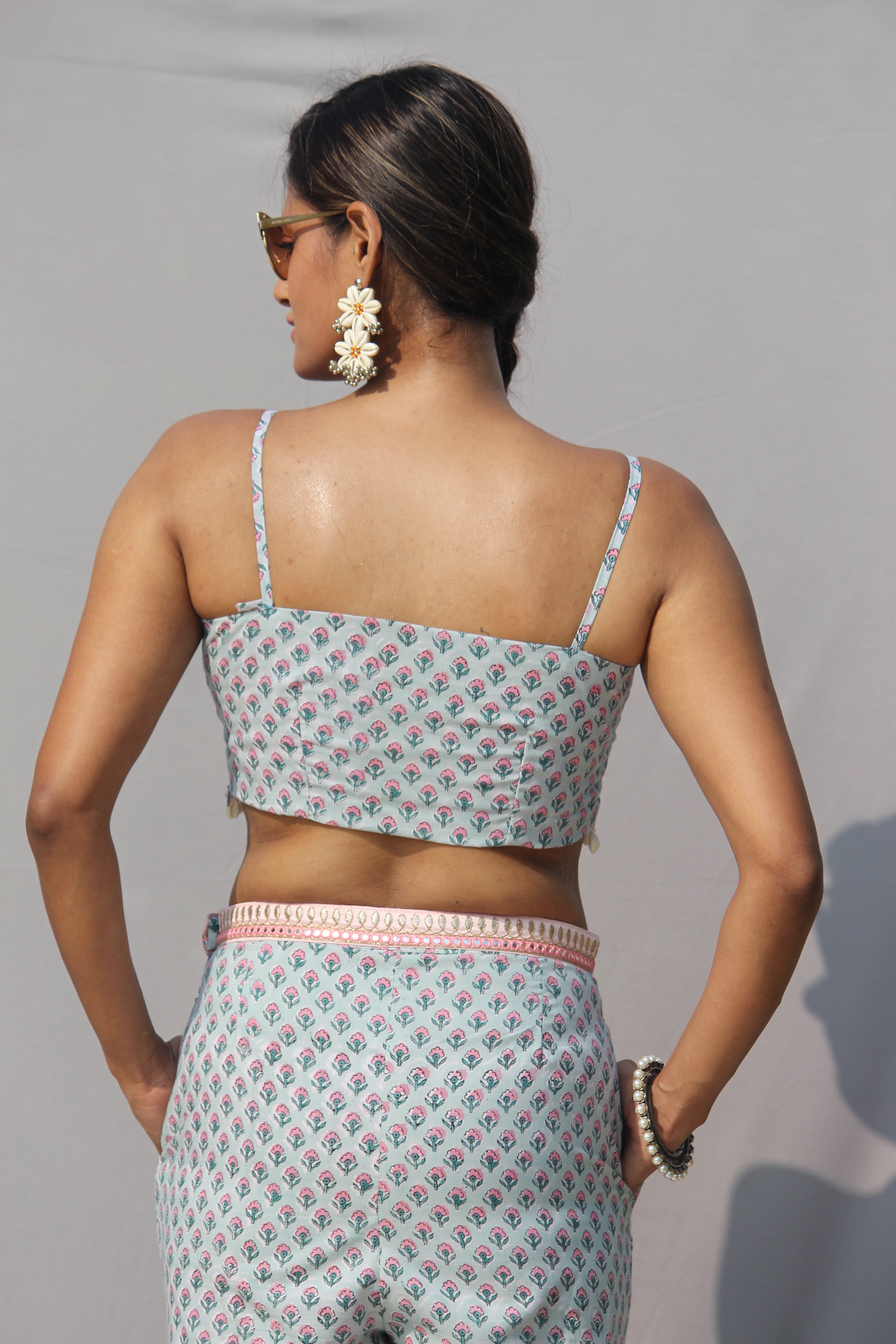 Light Green Sanganeri Handblock Print 3 piece Sharara set with shell lace