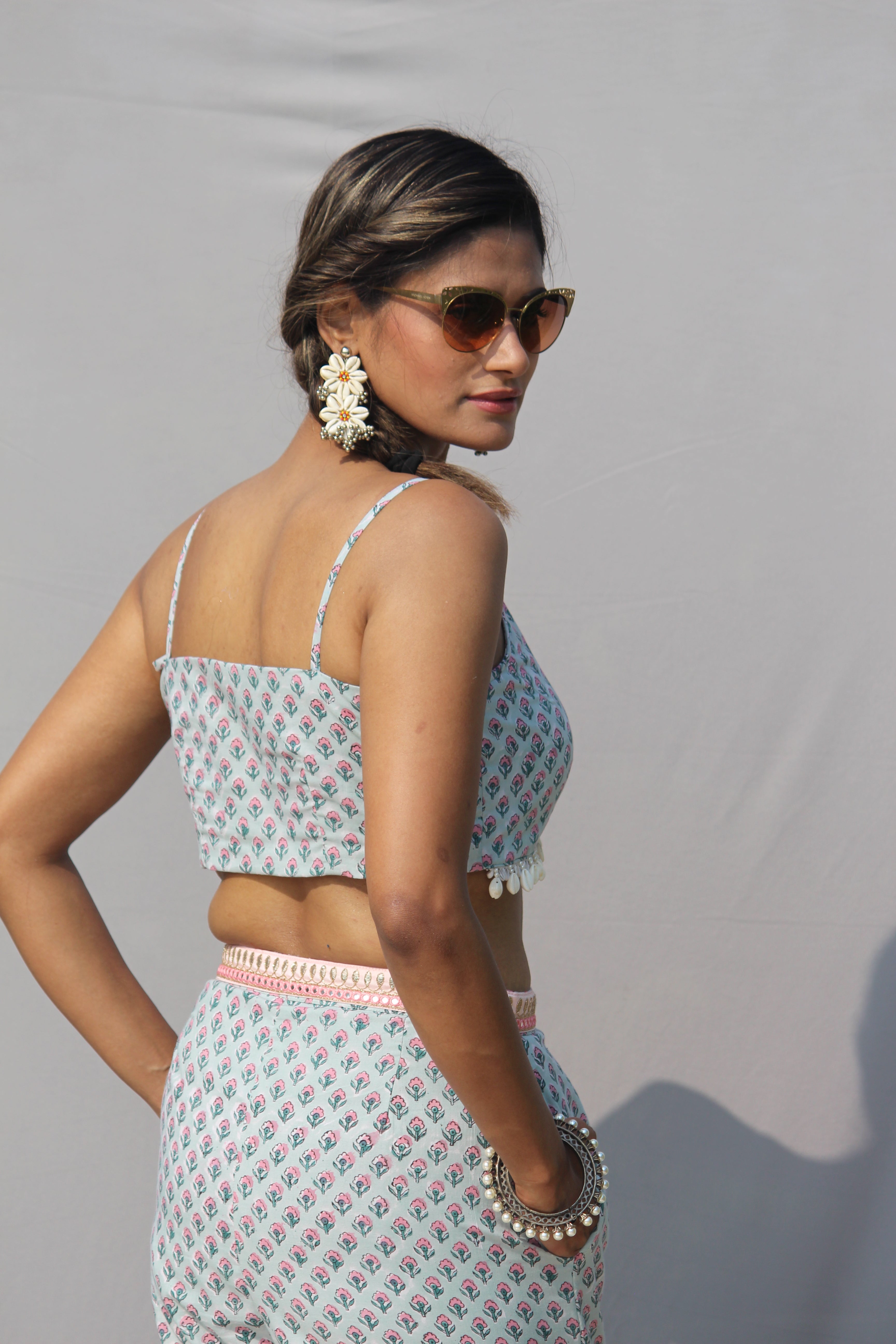 Light Green Sanganeri Handblock Print 3 piece Sharara set with shell lace