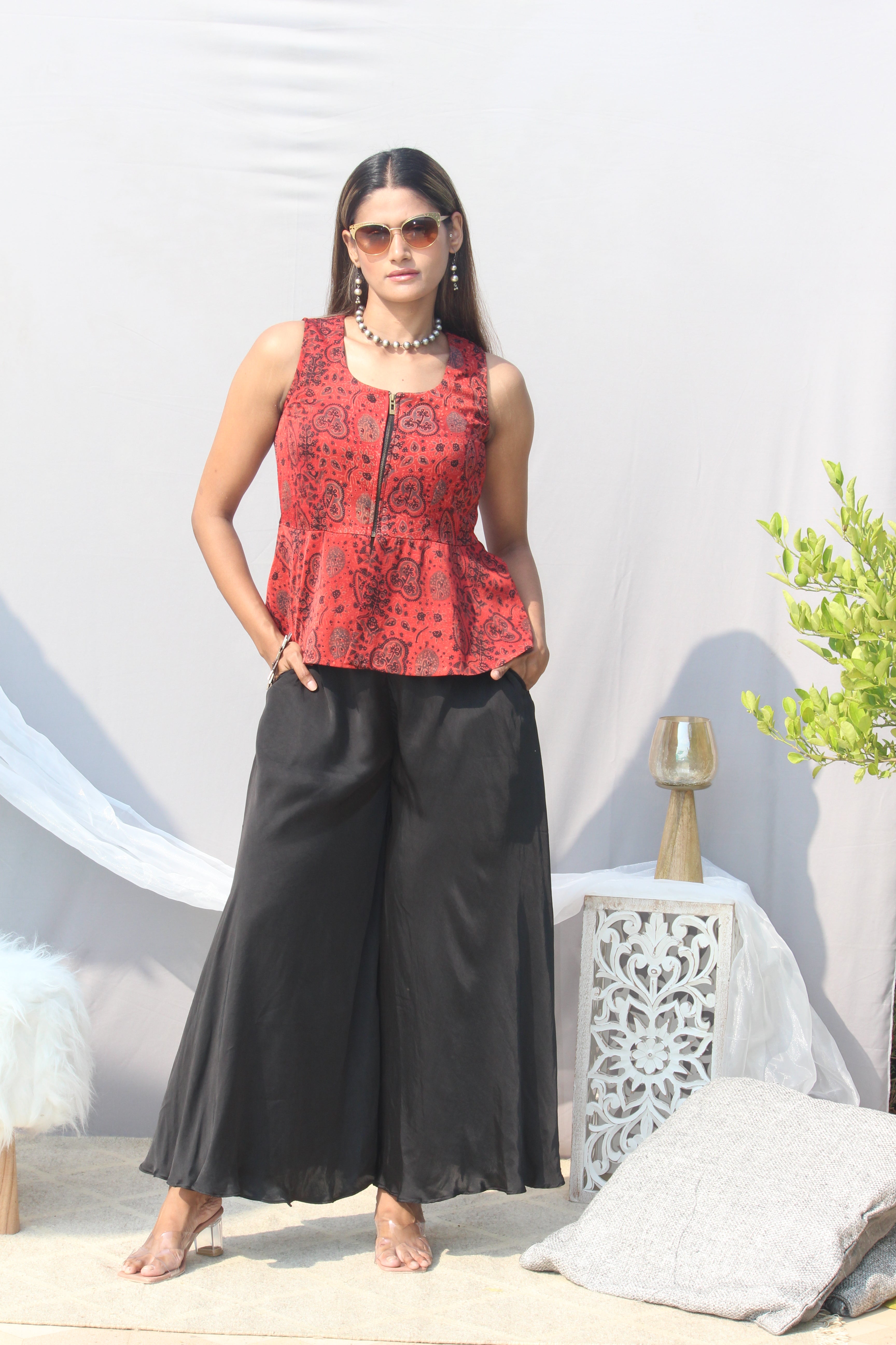 Red Ajrakh Handblock Printed Modal silk peplum top with black palazzo