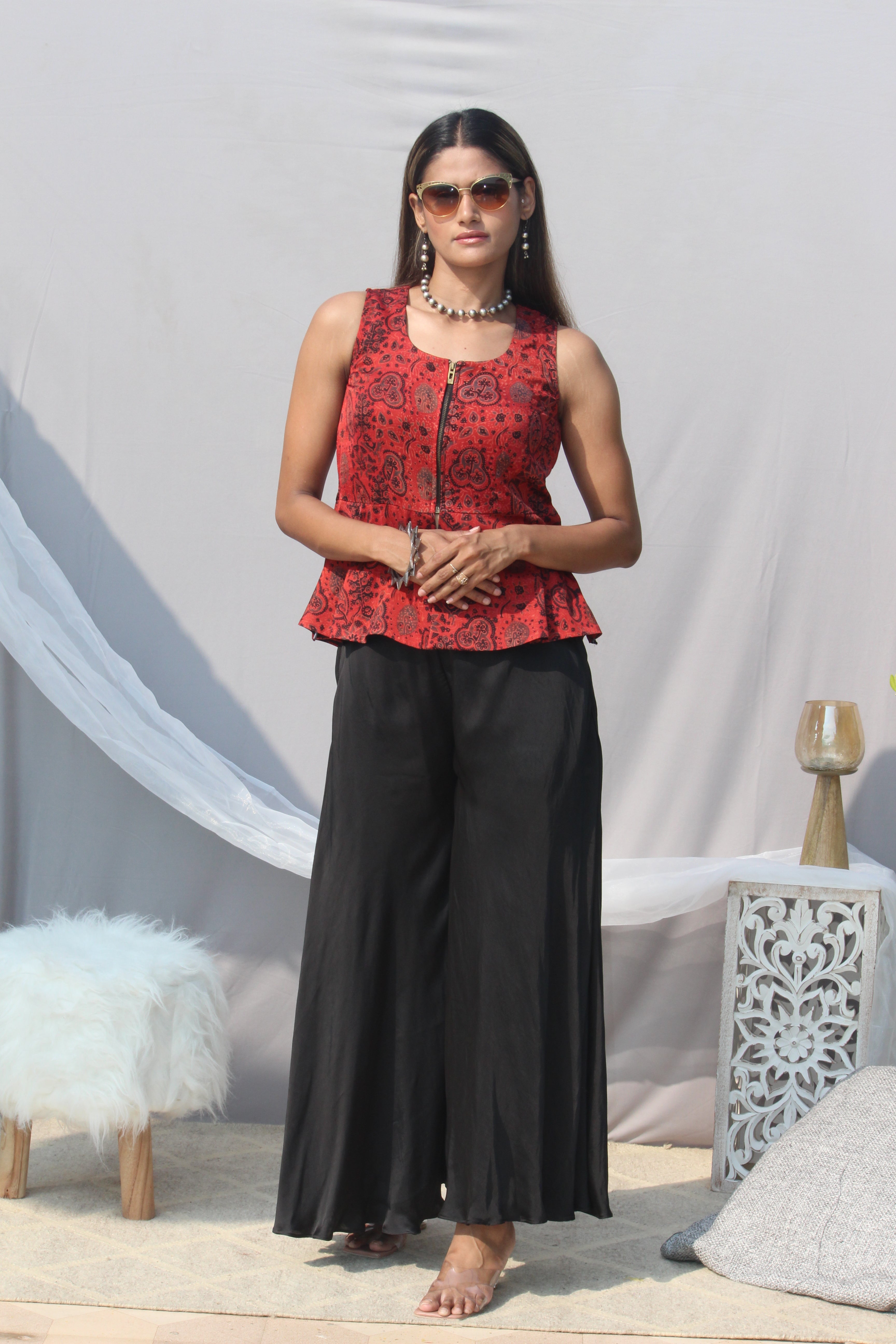Red Ajrakh Handblock Printed Modal silk peplum top with black palazzo
