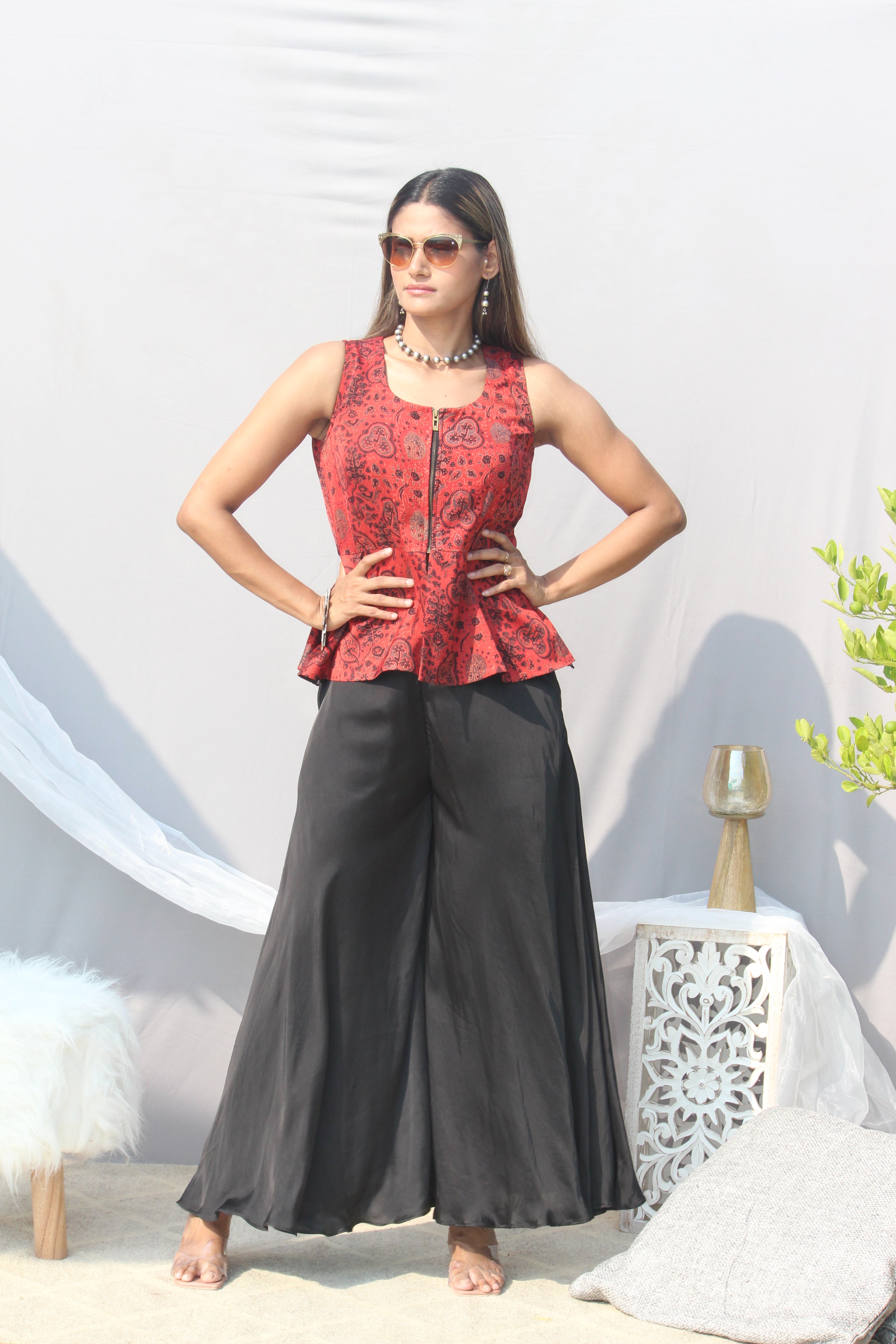 Red Ajrakh Handblock Printed Modal silk peplum top with black palazzo