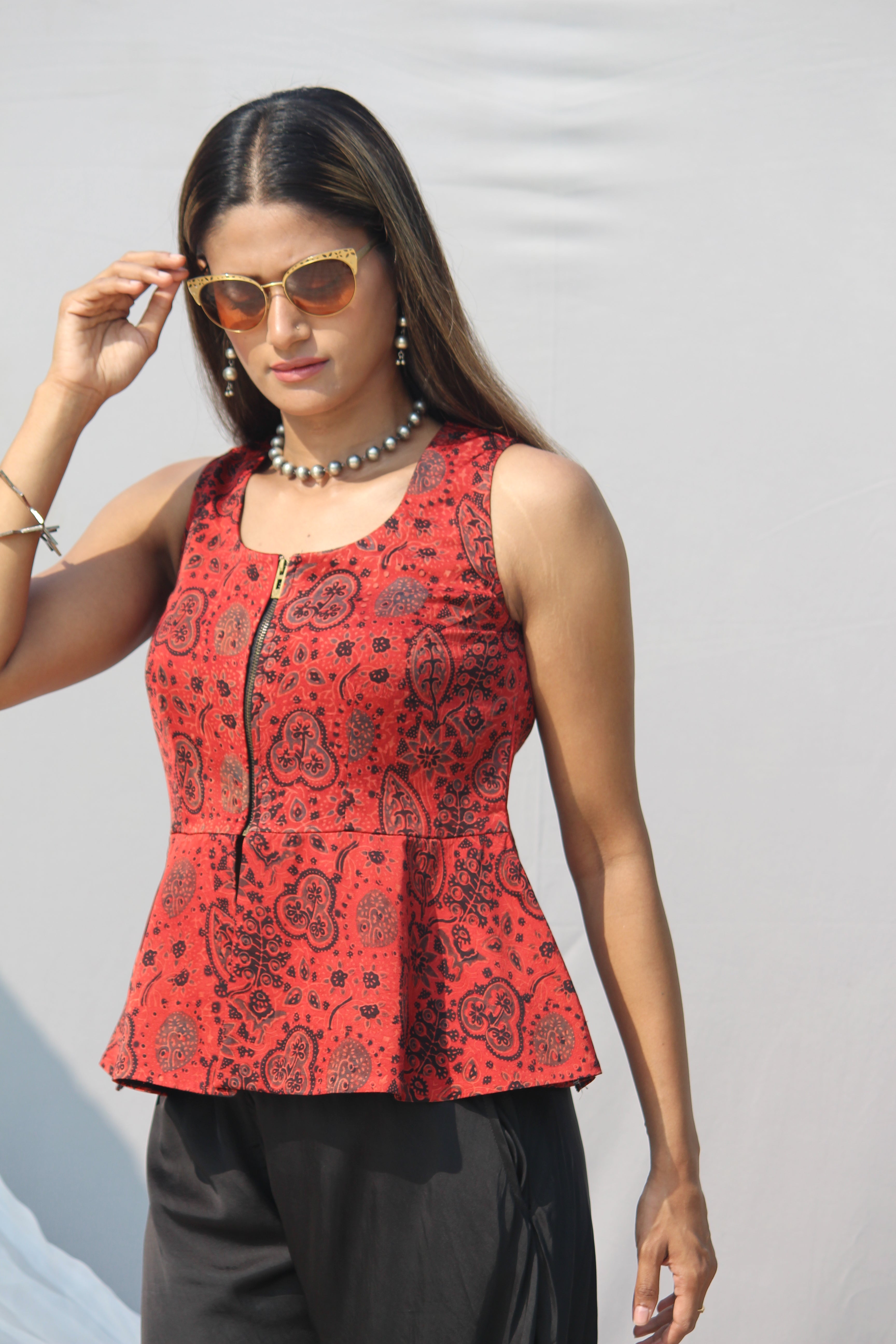 Red Ajrakh Handblock Printed Modal silk peplum top with black palazzo