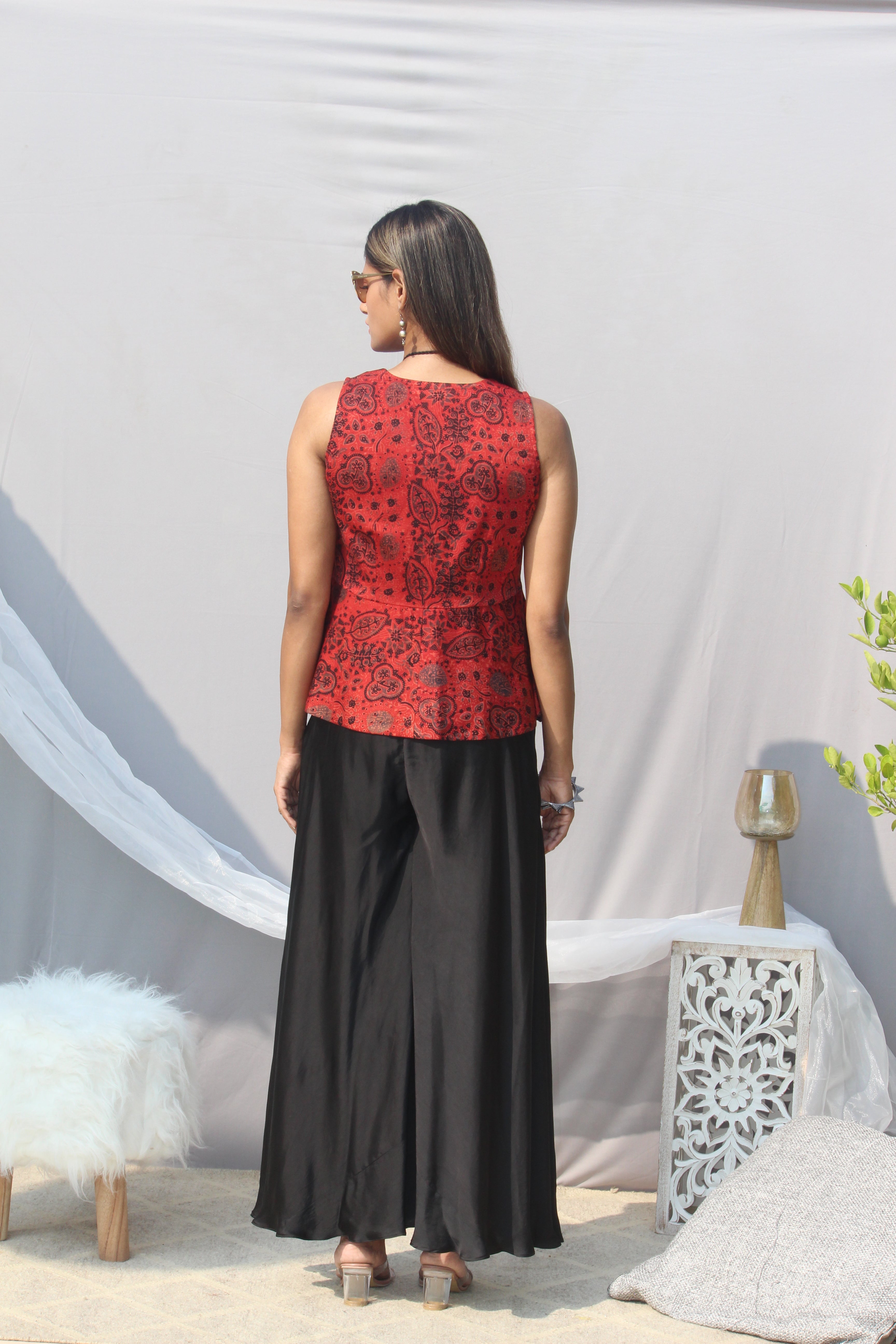 Red Ajrakh Handblock Printed Modal silk peplum top with black palazzo