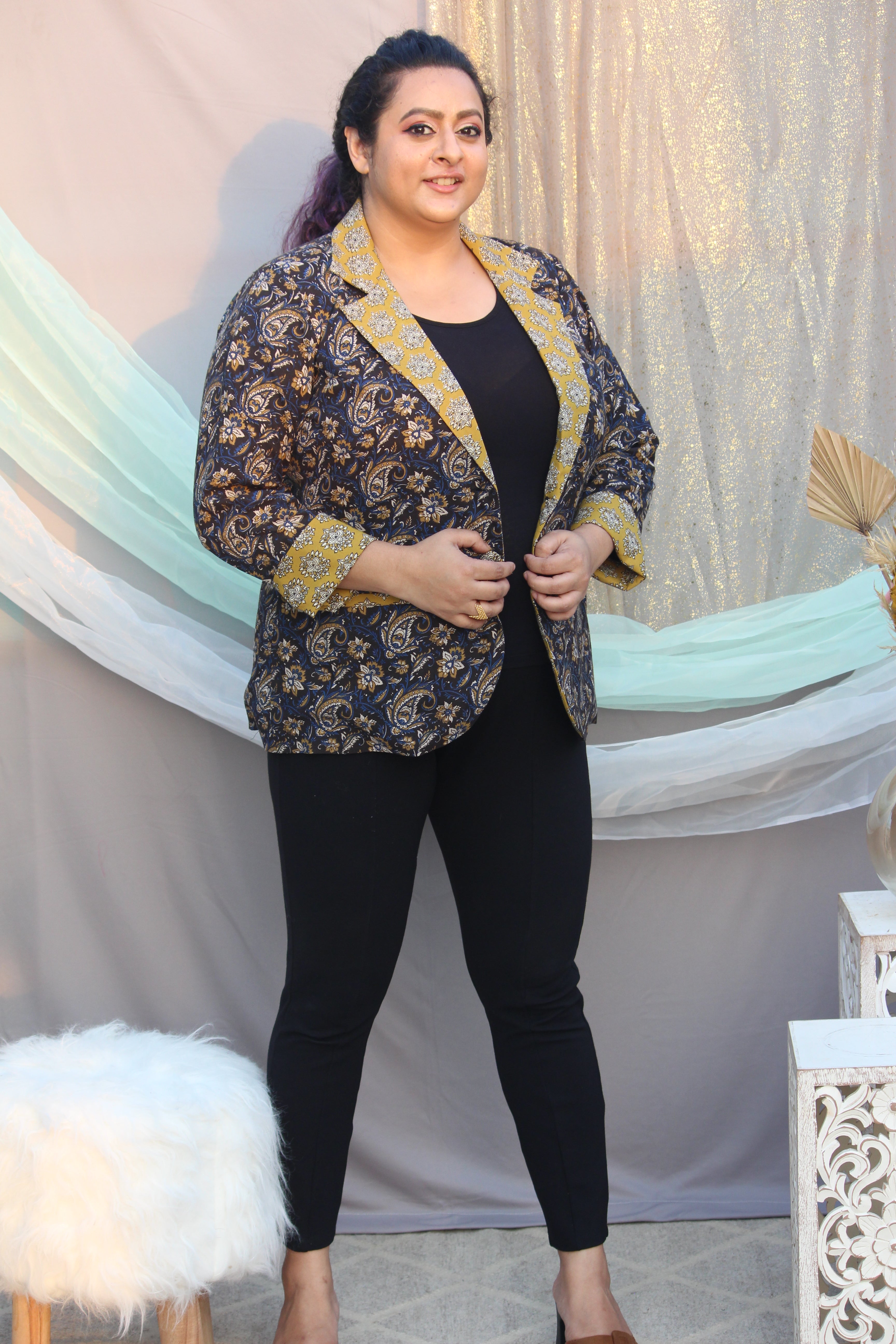 Black Mustard Bagru Kalamkari Handblock Printed Cotton Blazer
