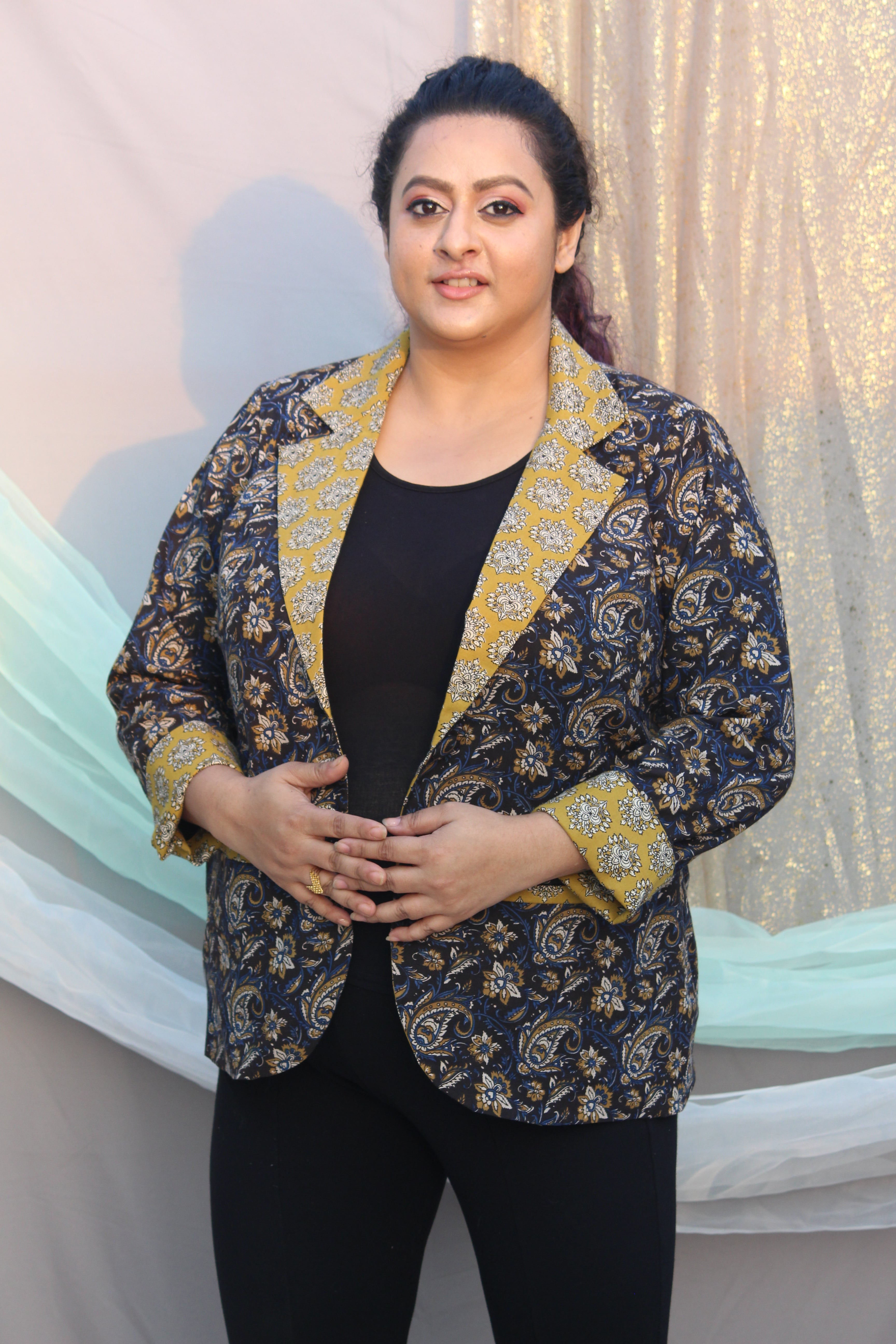Black Mustard Bagru Kalamkari Handblock Printed Cotton Blazer