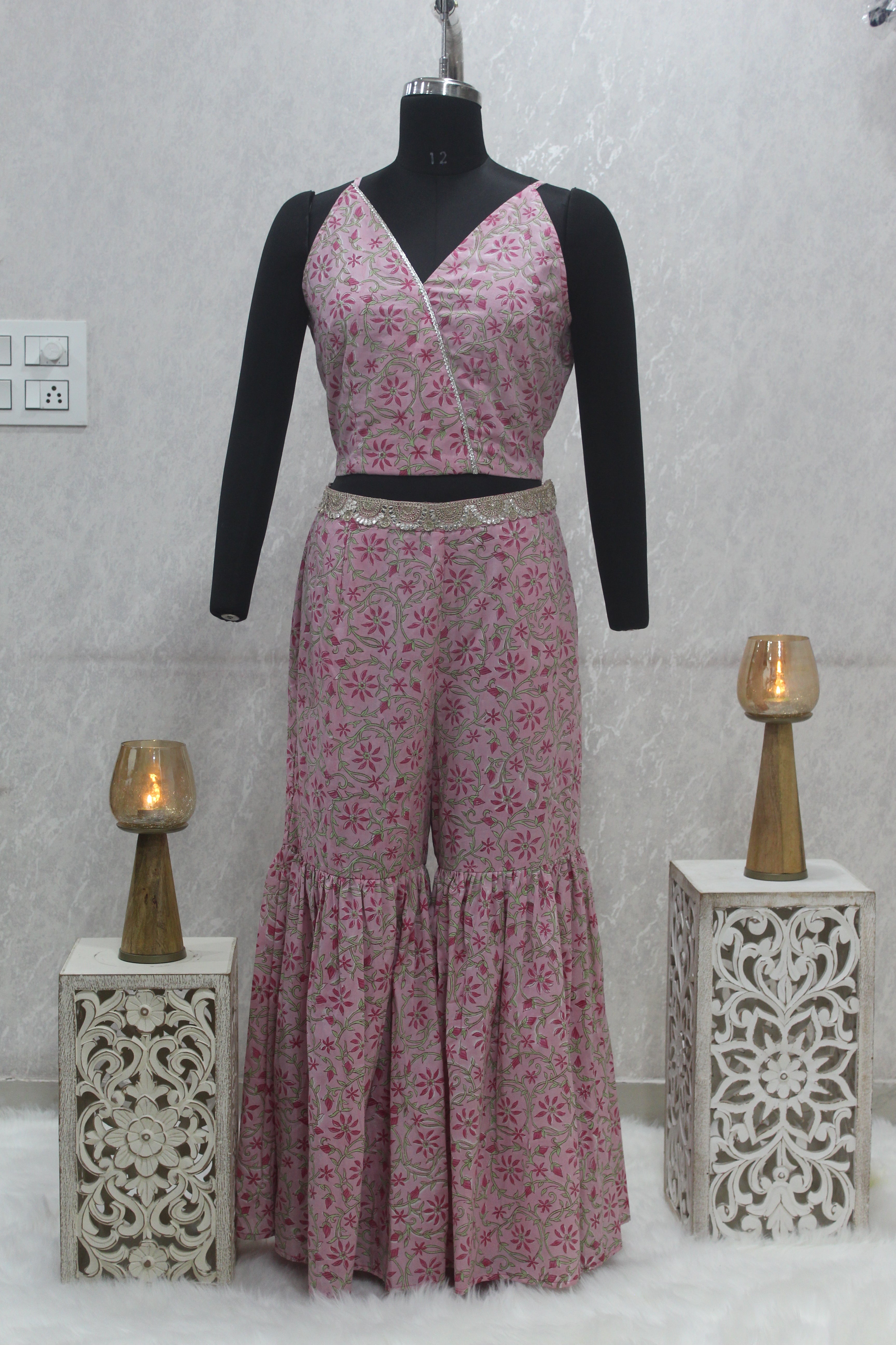Pink Sanganeri Handblock Printed 3 piece sharara set