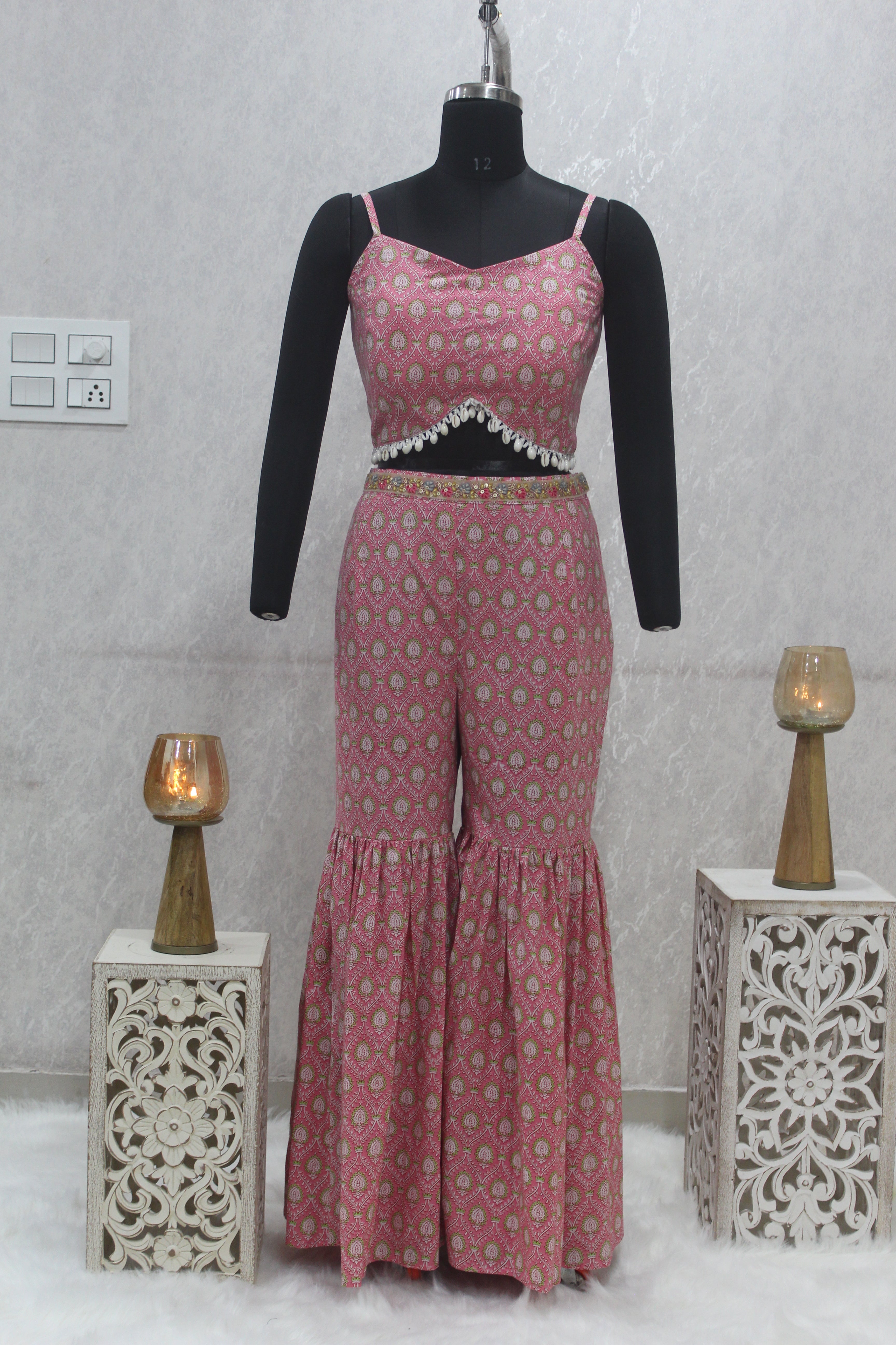 Pink Sanganeri(Shell) Handblock Printed 3 piece sharara set