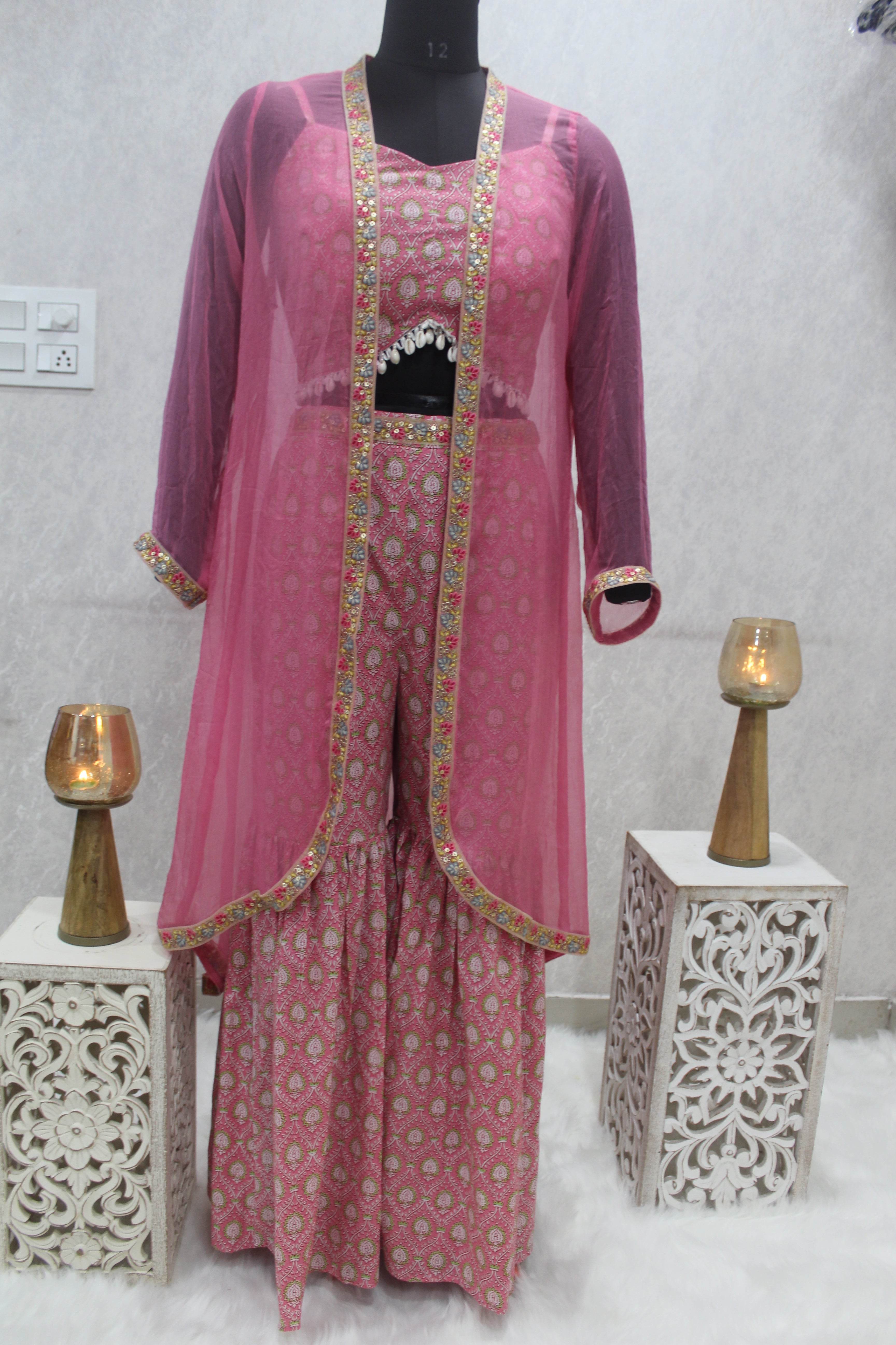 Pink Sanganeri(Shell) Handblock Printed 3 piece sharara set