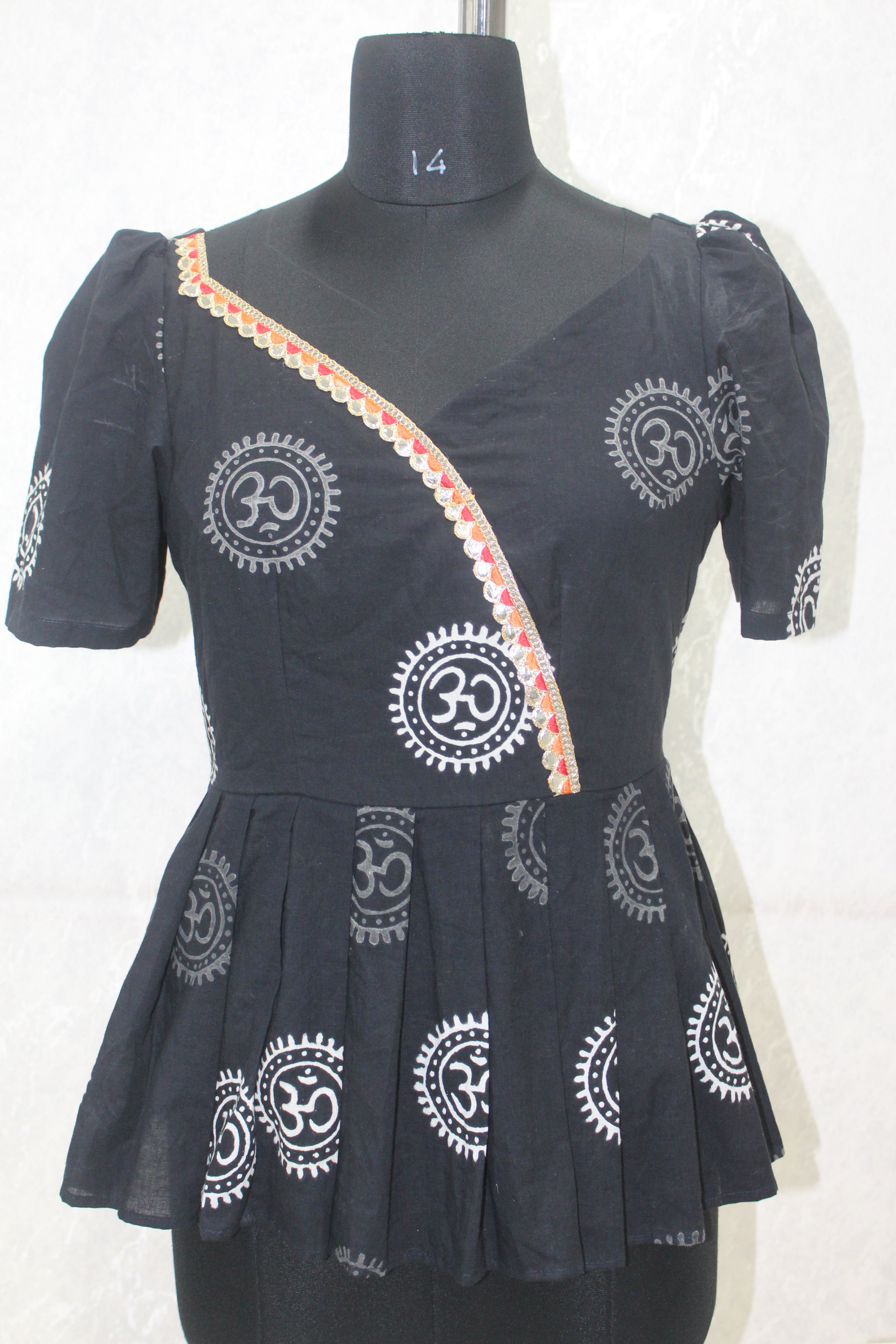 BLACK HANDBLOCK PRINT PEPLUM OM TOP