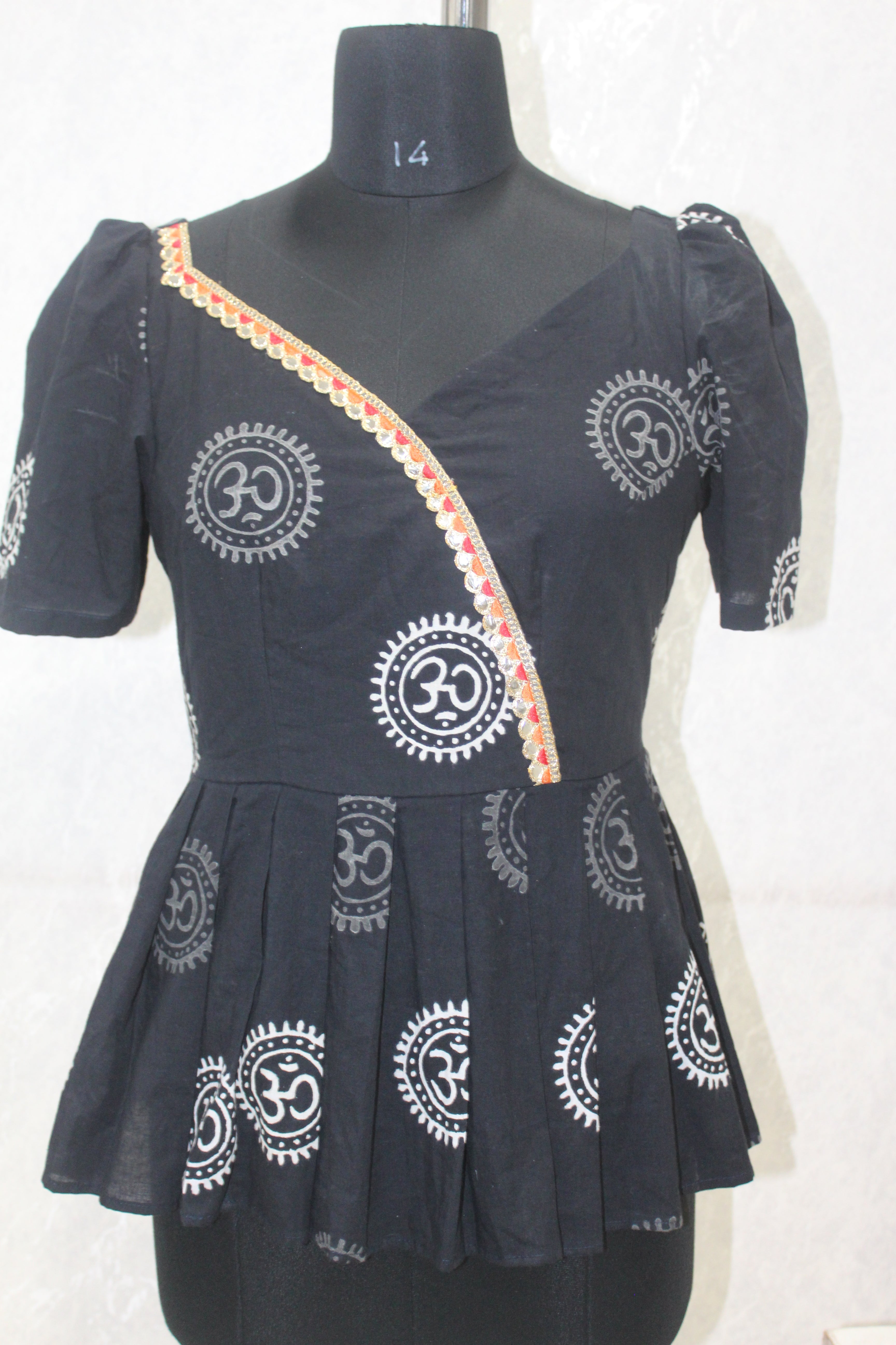 BLACK HANDBLOCK PRINT PEPLUM OM TOP