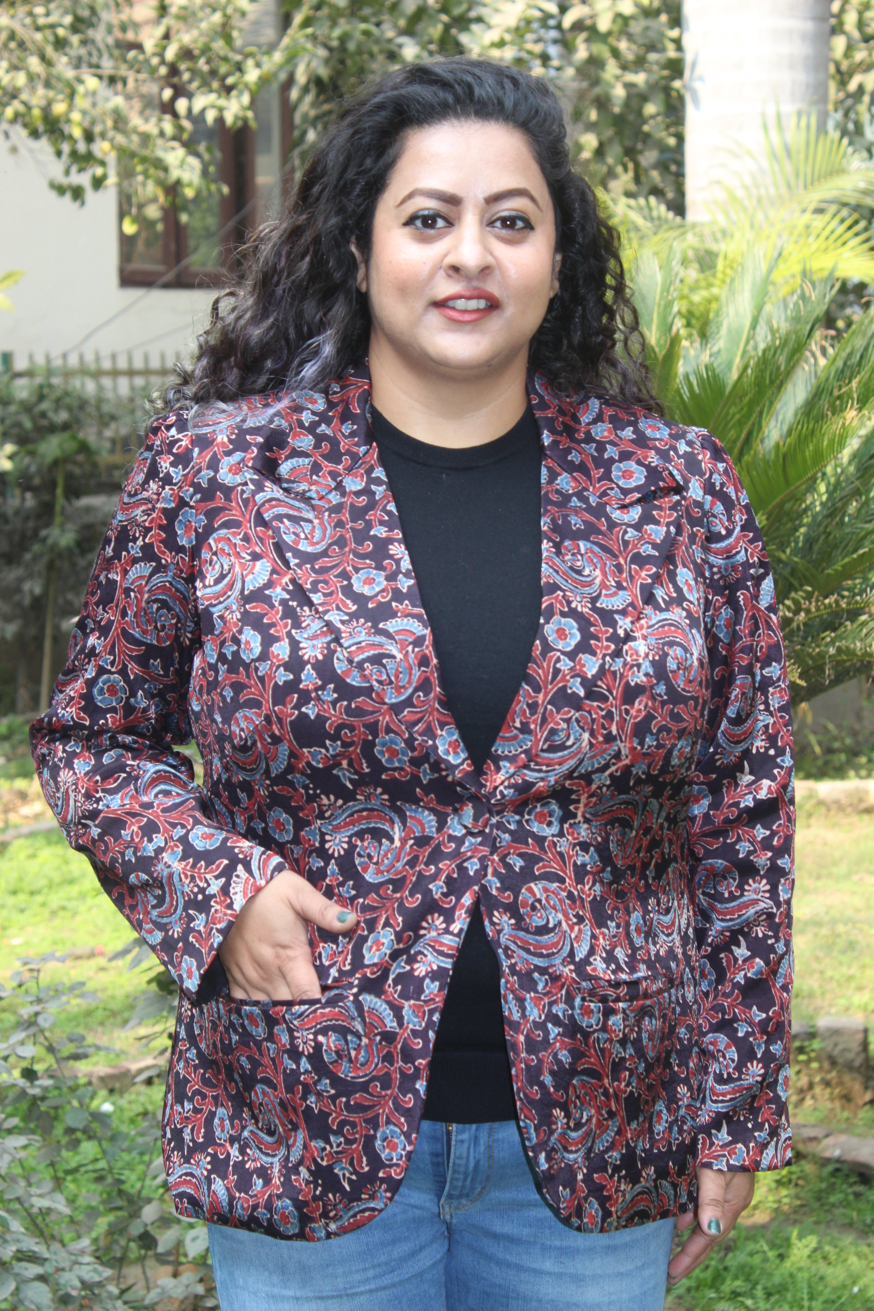 Black Ajrakh Handblock Printed Mashru Silk Blazer-Floral