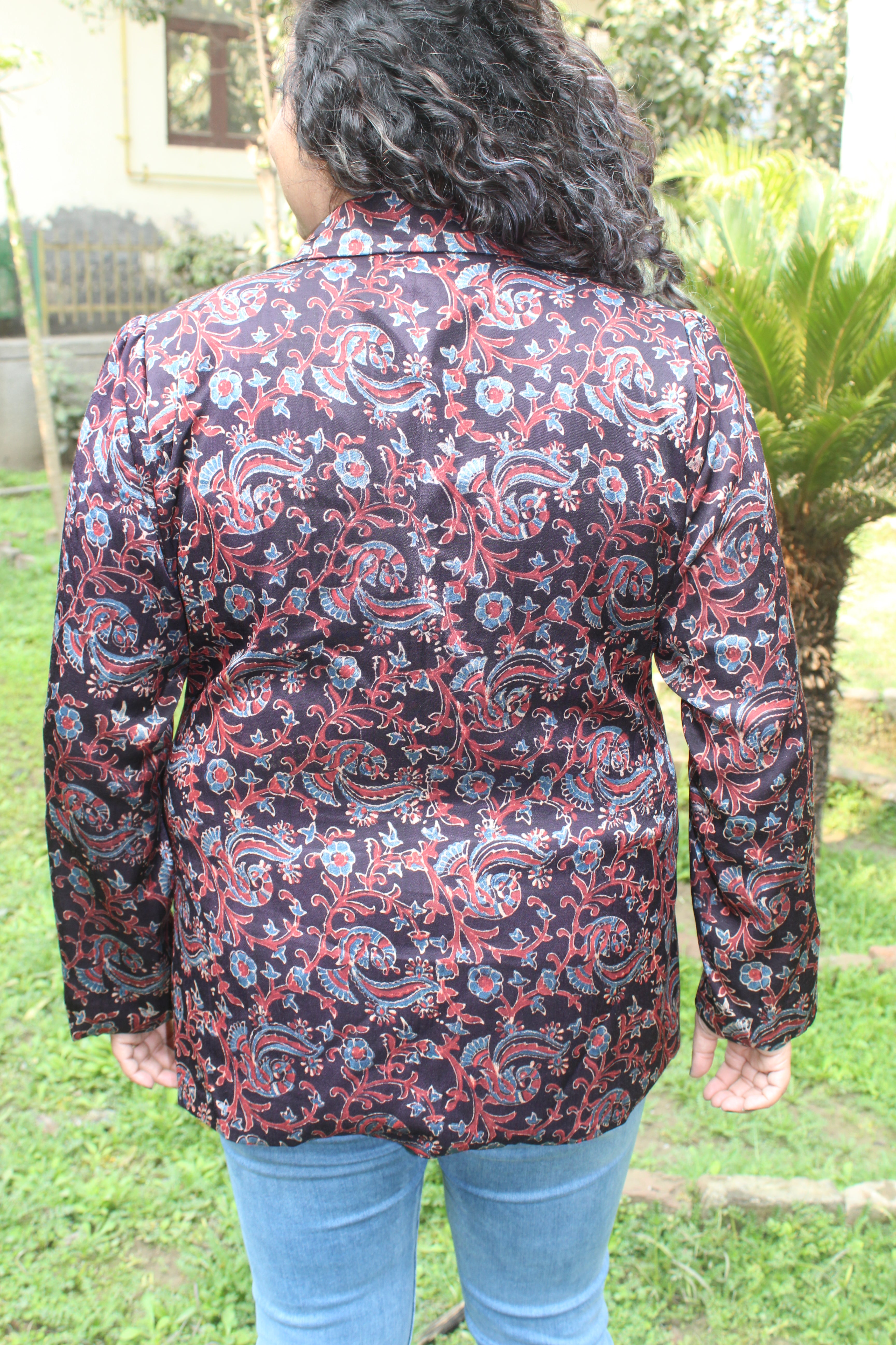 Black Ajrakh Handblock Printed Mashru Silk Blazer-Floral